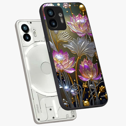 Golden Floral Majesty Glass Case displayed in angled mockup highlighting elegant flower design with royal golden aesthetic.