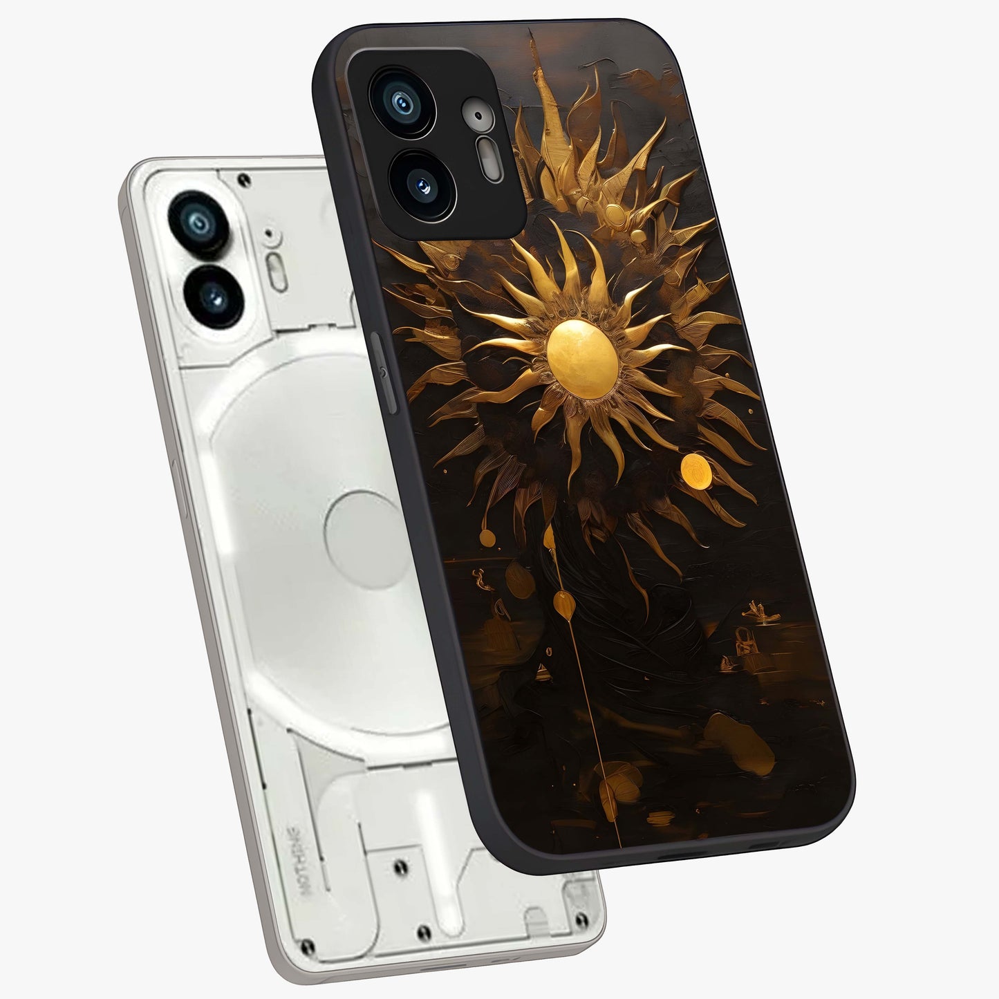 Golden Sun Majesty Glass Case displayed in angled mockup highlighting eerie shadow illustration with gothic aesthetic.
