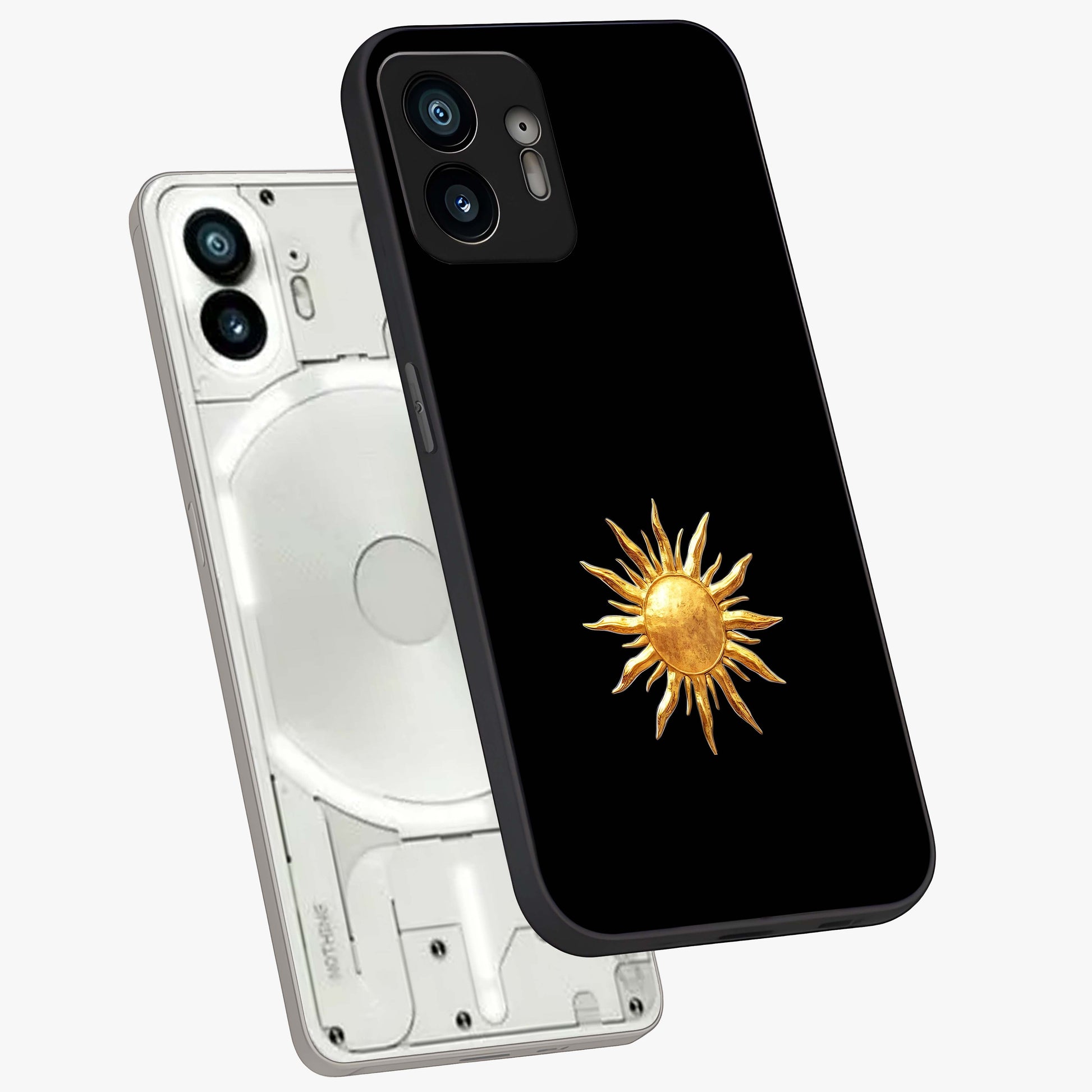 Golden Sun Minimalism Glass Case displayed in angled mockup highlighting eerie shadow illustration with gothic aesthetic.