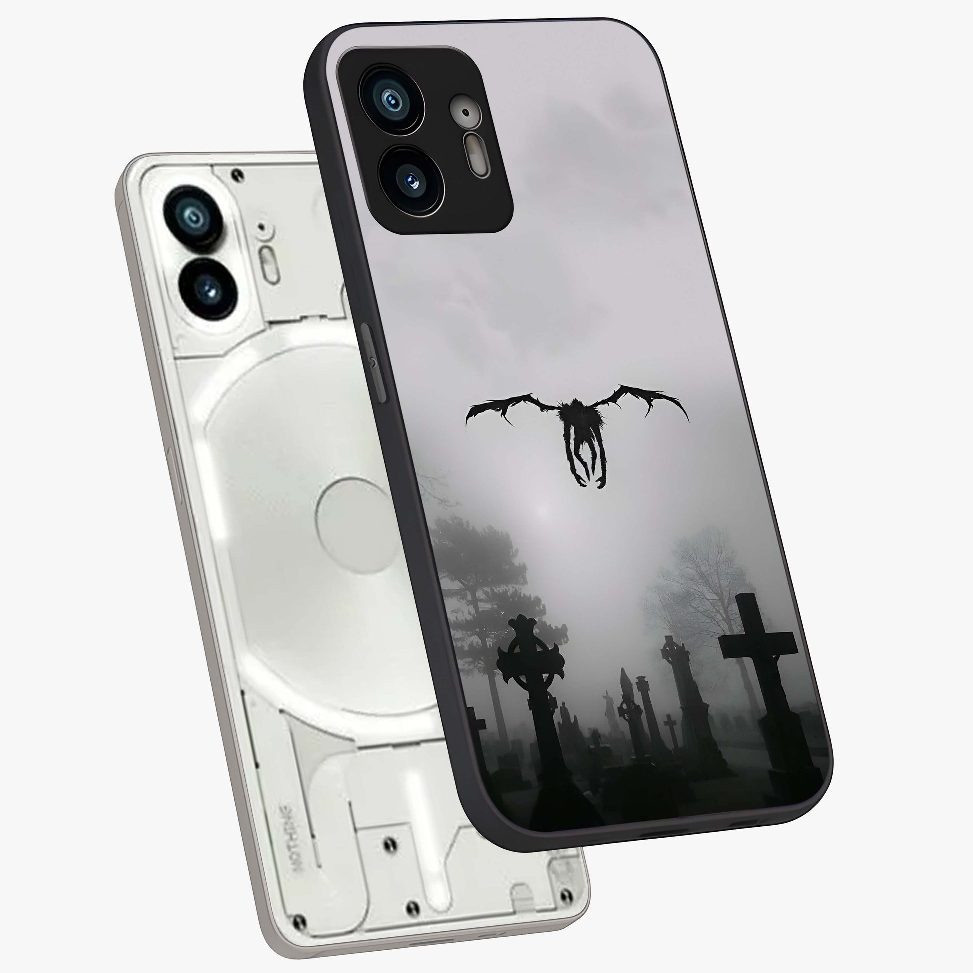 Graveyard Shadow Descent Glass Case displayed in angled mockup highlighting eerie shadow illustration with gothic aesthetic.