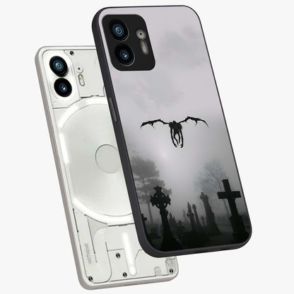 Graveyard Shadow Descent Glass Case displayed in angled mockup highlighting eerie shadow illustration with gothic aesthetic.