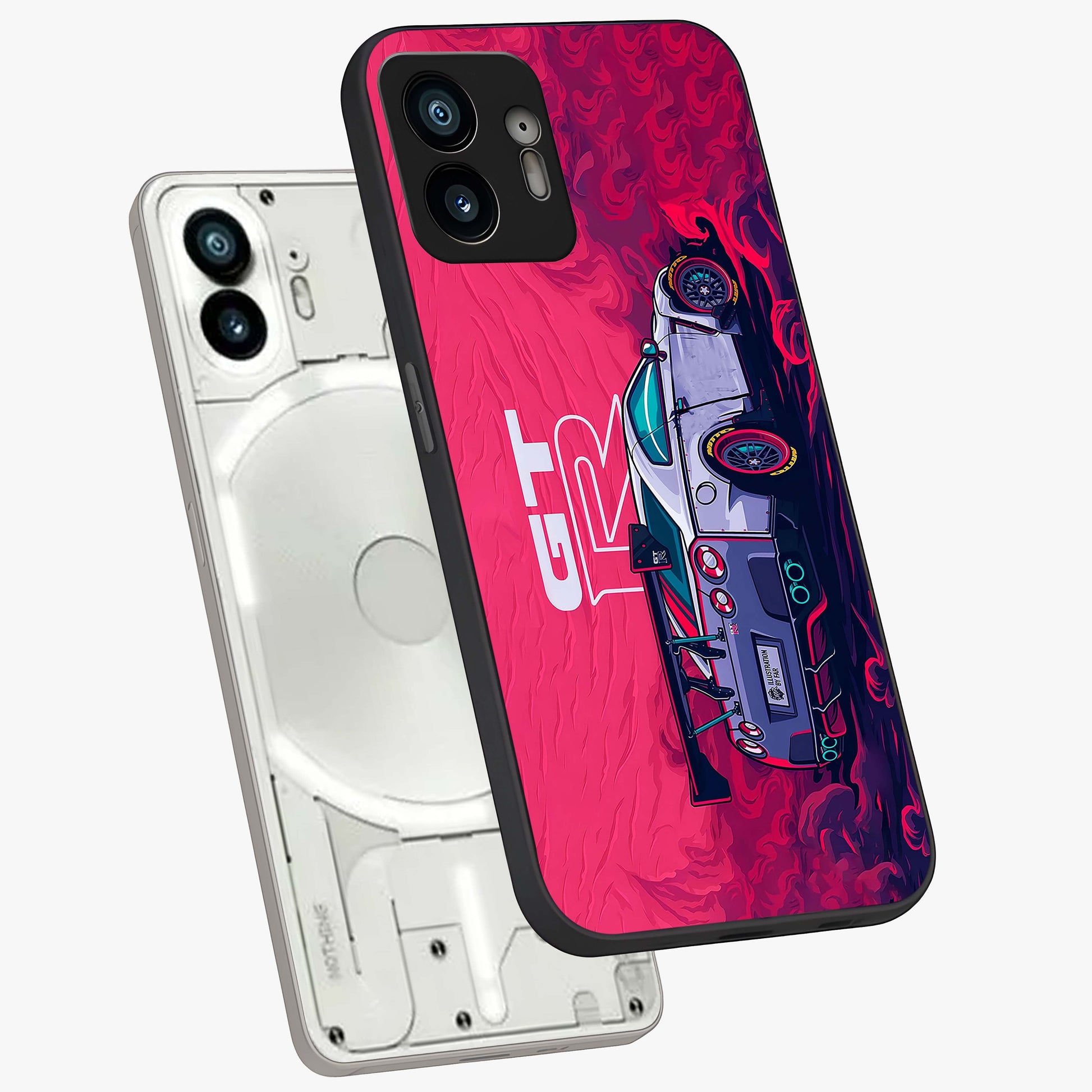 GT-R Car Pattern Glass Case displayed in angled mockup highlighting racing car graphic design with bold automotive aesthetic.