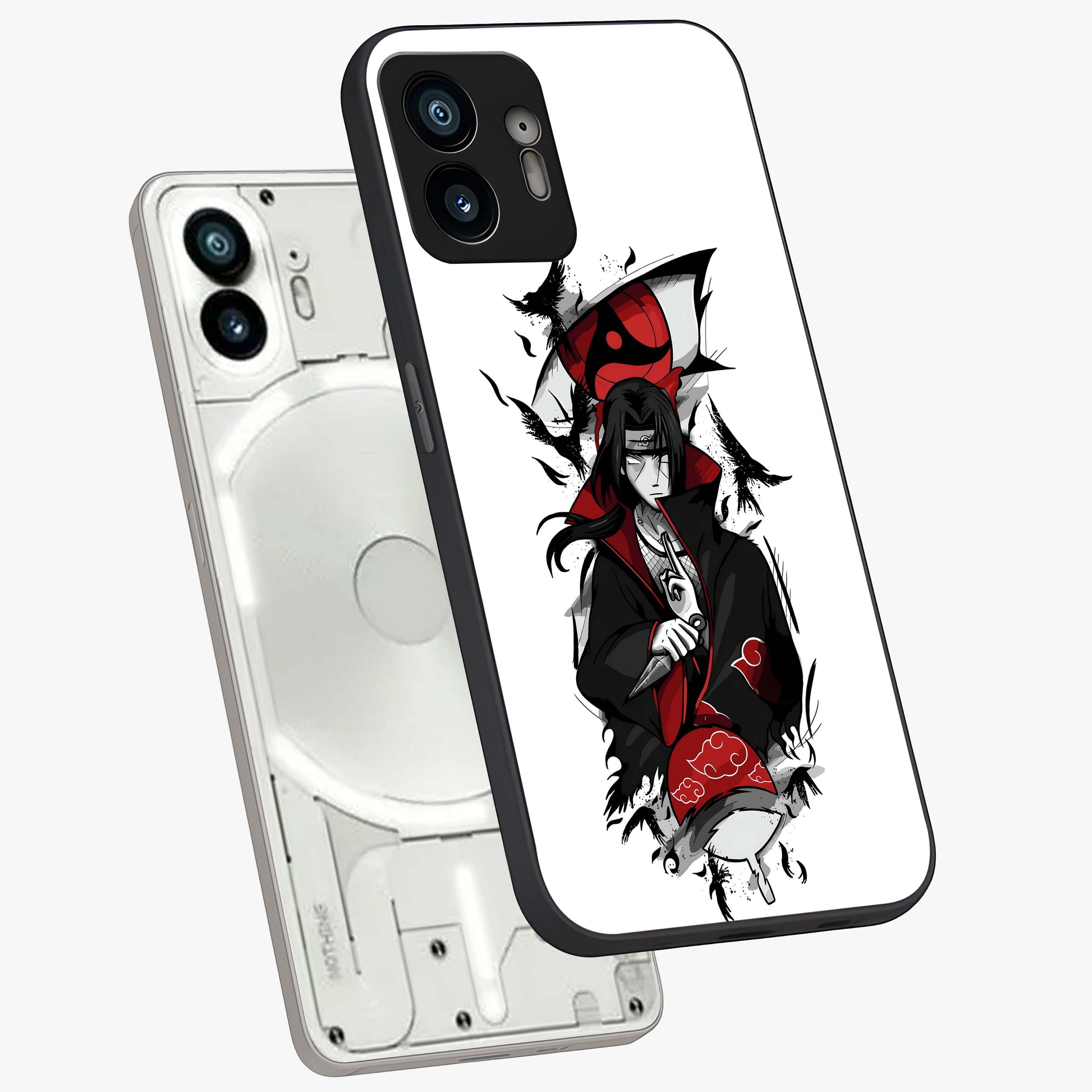 Itachi Limited Edition Naruto Anime Glass Case displayed in angled mockup highlighting dramatic anime illustration with bold action aesthetic.