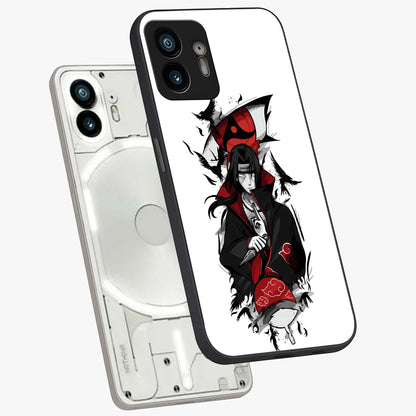 Itachi Limited Edition Naruto Anime Glass Case displayed in angled mockup highlighting dramatic anime illustration with bold action aesthetic.