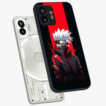 Kakashi Scarlet Shadow Glass Case displayed in angled mockup highlighting dramatic ninja illustration with scarlet themed aesthetic.