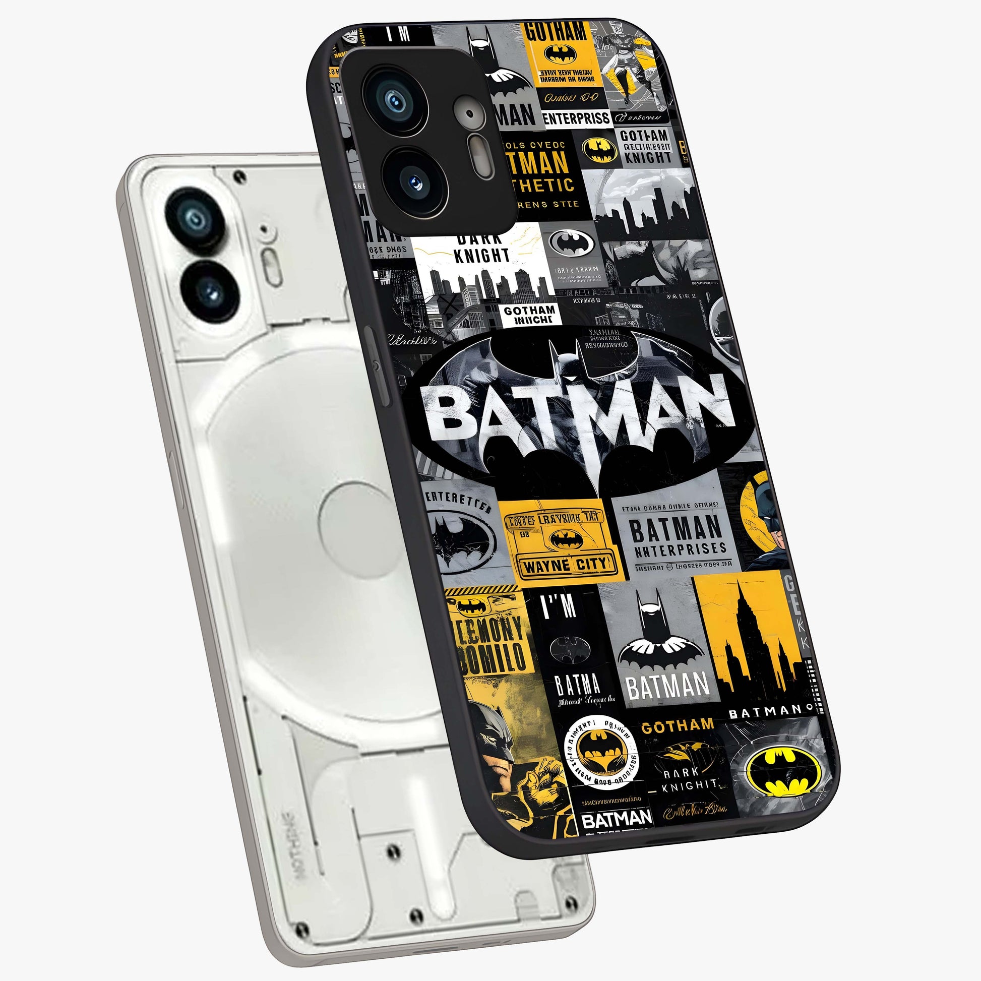 Knight Gotham Rise Glass Case displayed in angled mockup highlighting powerful knight silhouette design with dramatic aesthetic.