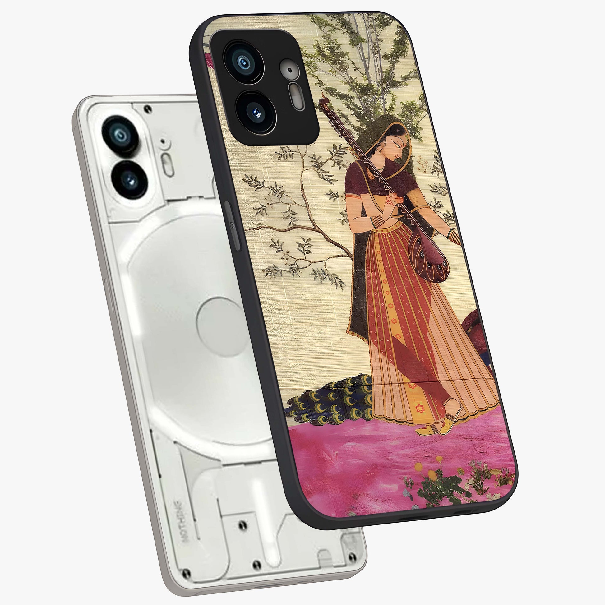 Lady With Veena Art Glass Case displayed in angled mockup highlighting graceful musical illustration with cultural artistic aesthetic.
