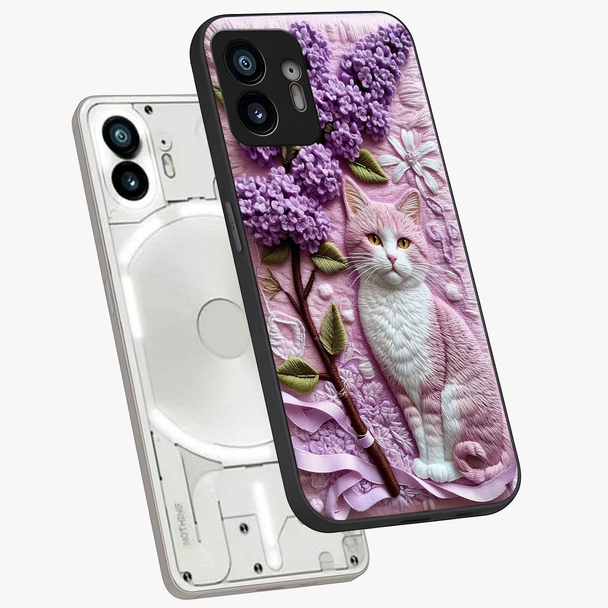Lavender Cat Whimsy Glass Case displayed in angled mockup highlighting playful feline illustration with pastel lavender aesthetic.