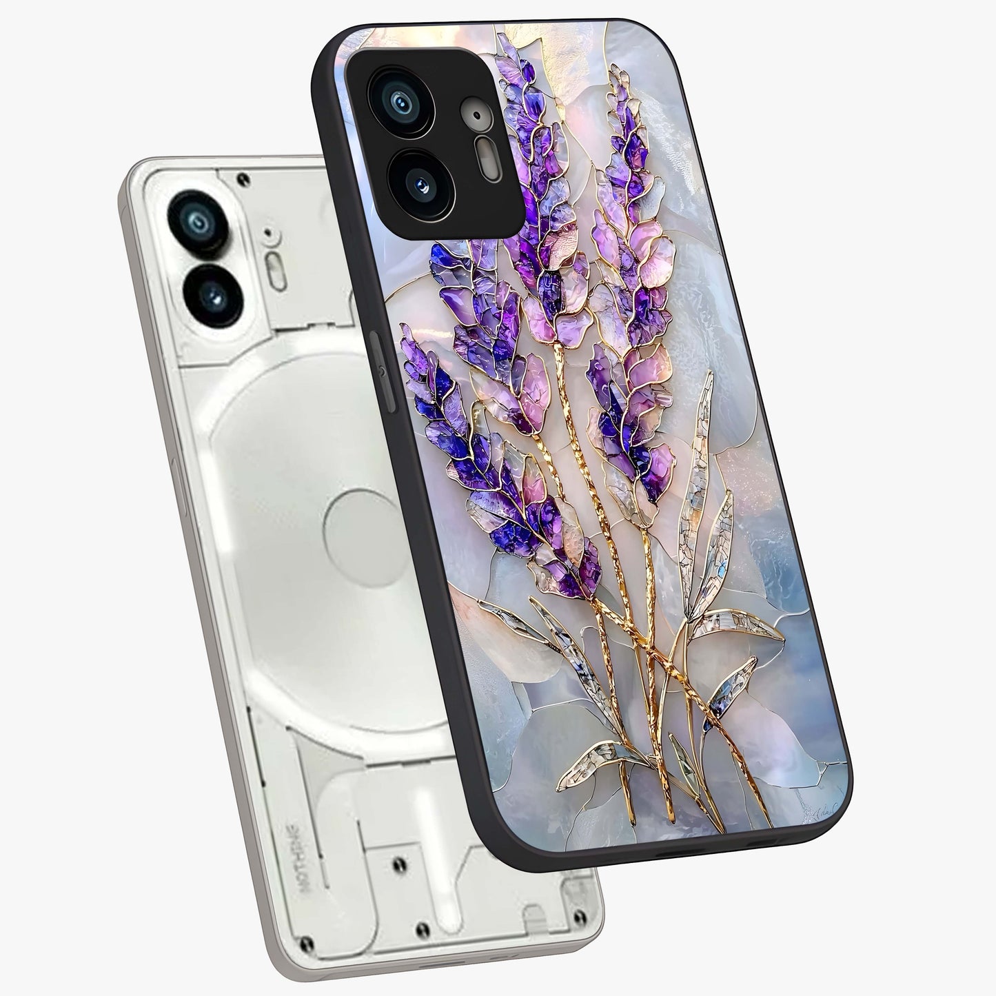 Lavender Dream Glow Glass Case displayed in angled mockup highlighting dreamy purple glow design with soft artistic style.