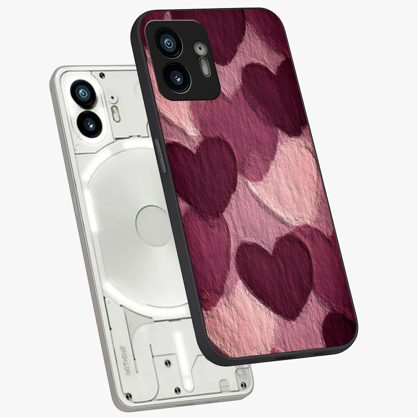 Layered Paper Hearts Glass Case displayed in angled mockup highlighting creative paper craft heart design with romantic aesthetic.
