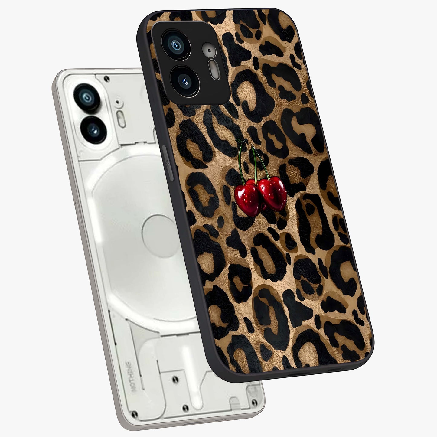 Leopard Wild Cherry Glass Case displayed in angled mockup highlighting bold animal print design with playful cherry aesthetic.