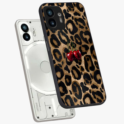 Leopard Wild Cherry Glass Case displayed in angled mockup highlighting bold animal print design with playful cherry aesthetic.