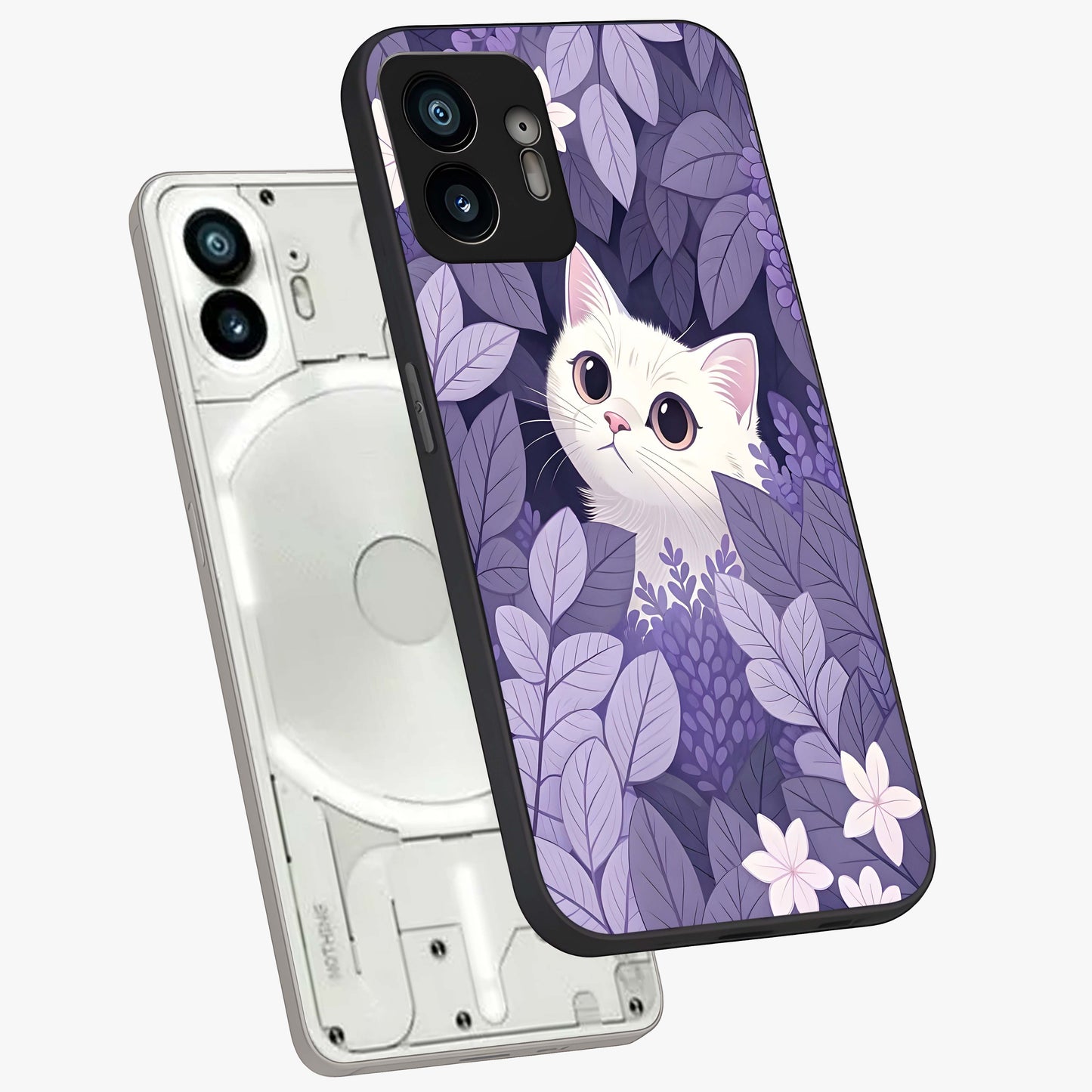 Lilac Hide Peek Cat Glass Case displayed in angled mockup highlighting playful feline illustration with lilac aesthetic design.