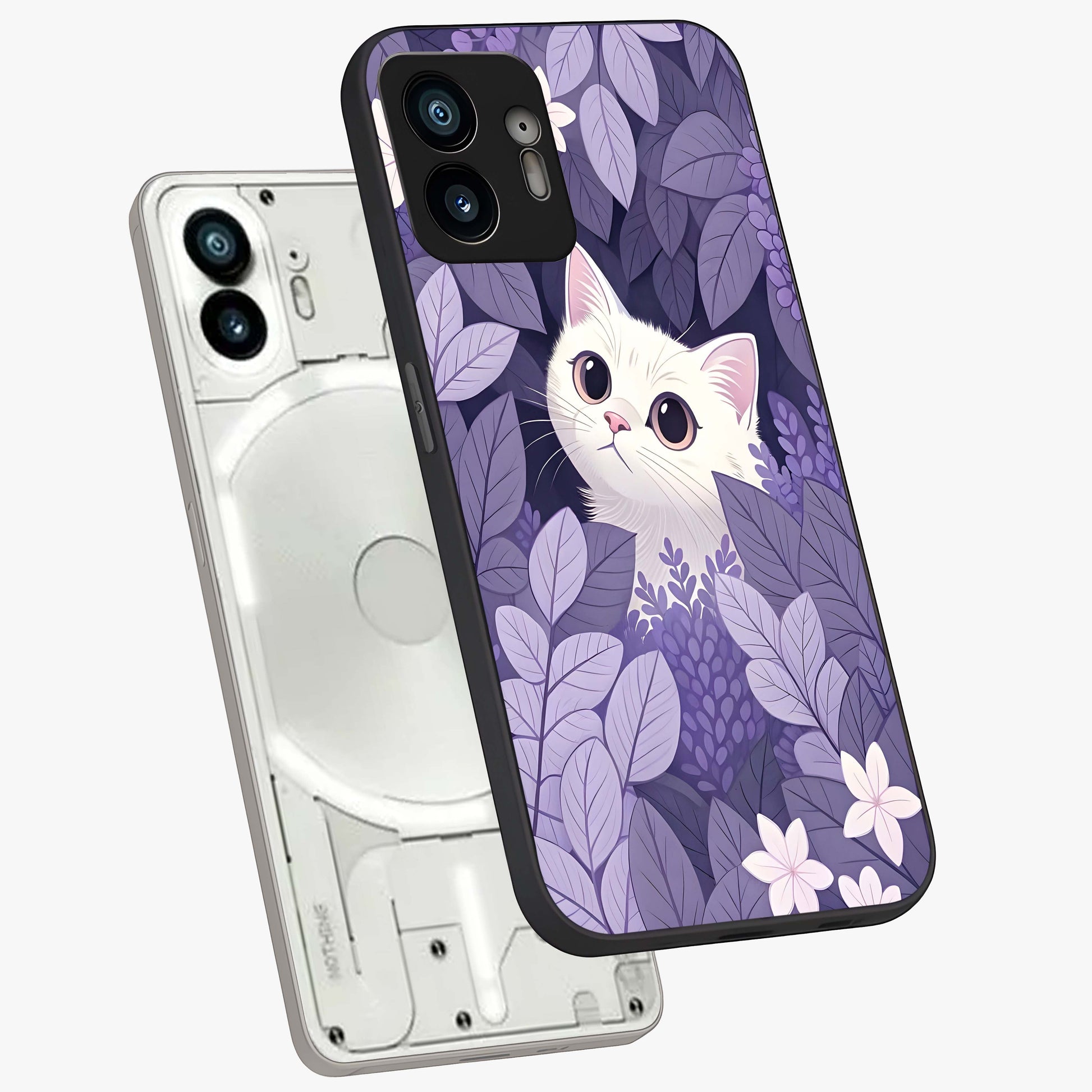 Lilac Hide Peek Cat Glass Case displayed in angled mockup highlighting playful feline illustration with lilac aesthetic design.