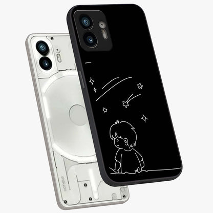 Line Art Boy With Shooting Stars Glass Case displayed in angled mockup highlighting elegant line art design with dreamy star aesthetic.