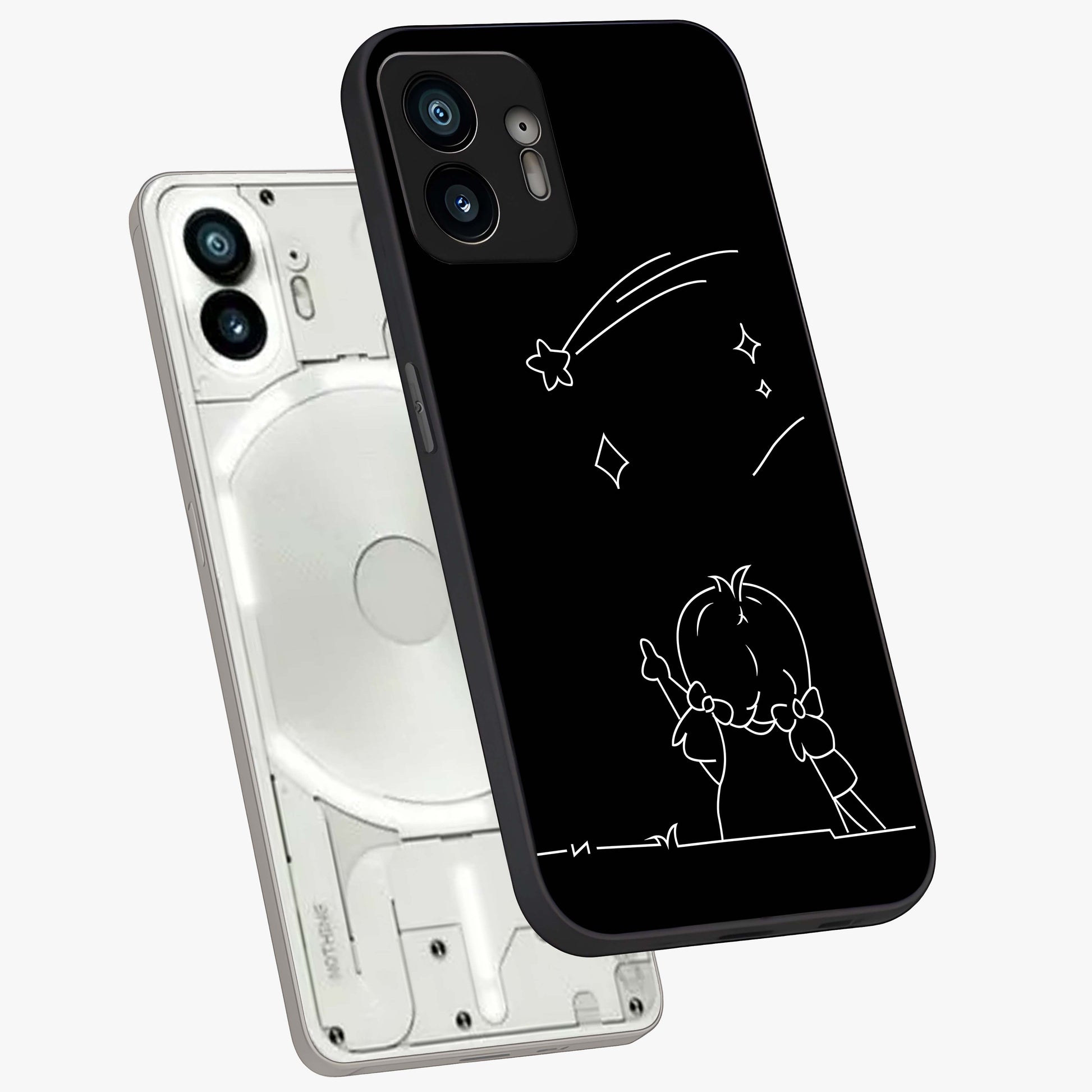 Line Art Girl With Shooting Stars Glass Case displayed in angled mockup highlighting elegant line art design with dreamy star aesthetic.