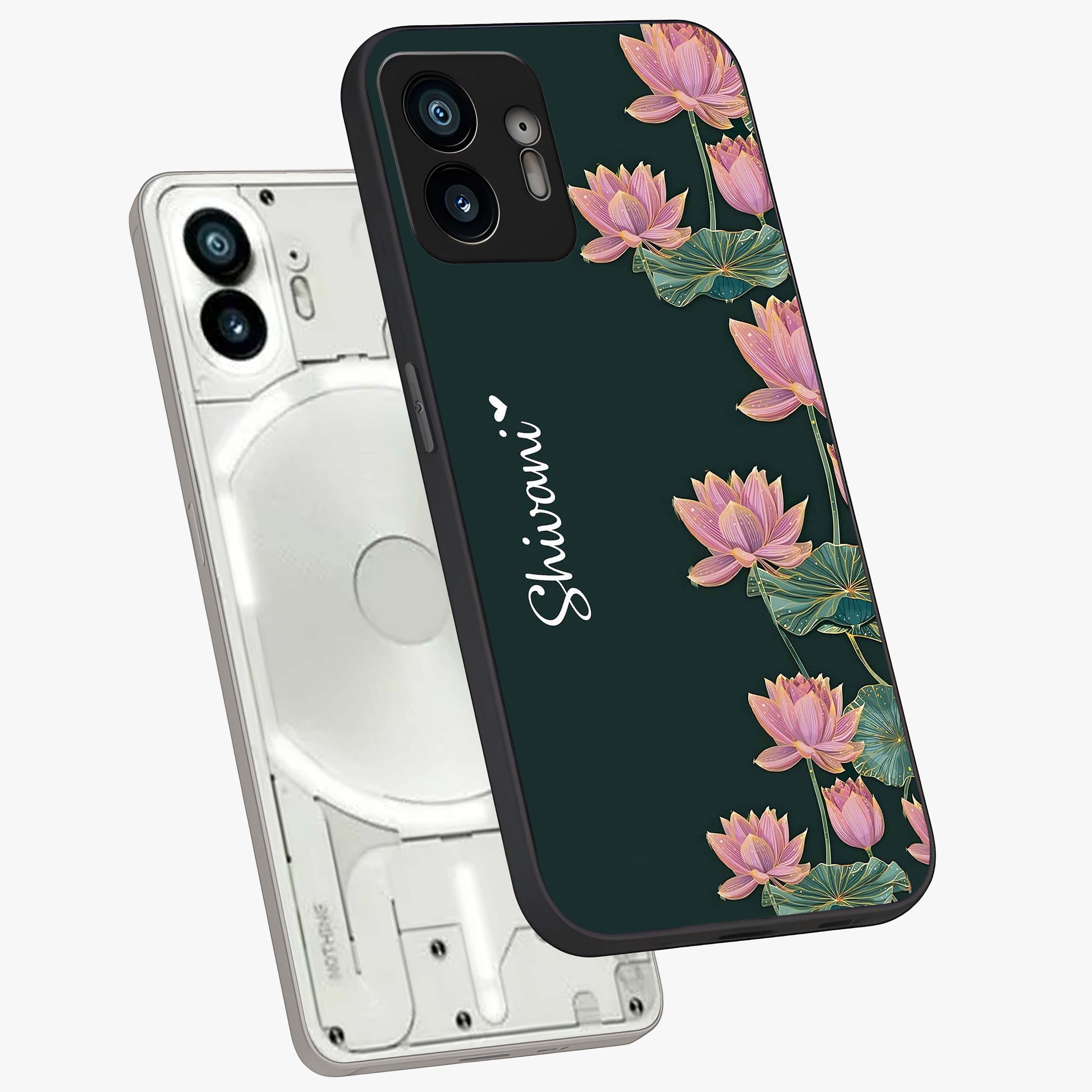 Lotus Bloom Serenity Custom Name Glass Case displayed in angled mockup highlighting graceful lotus illustration with custom name feature.