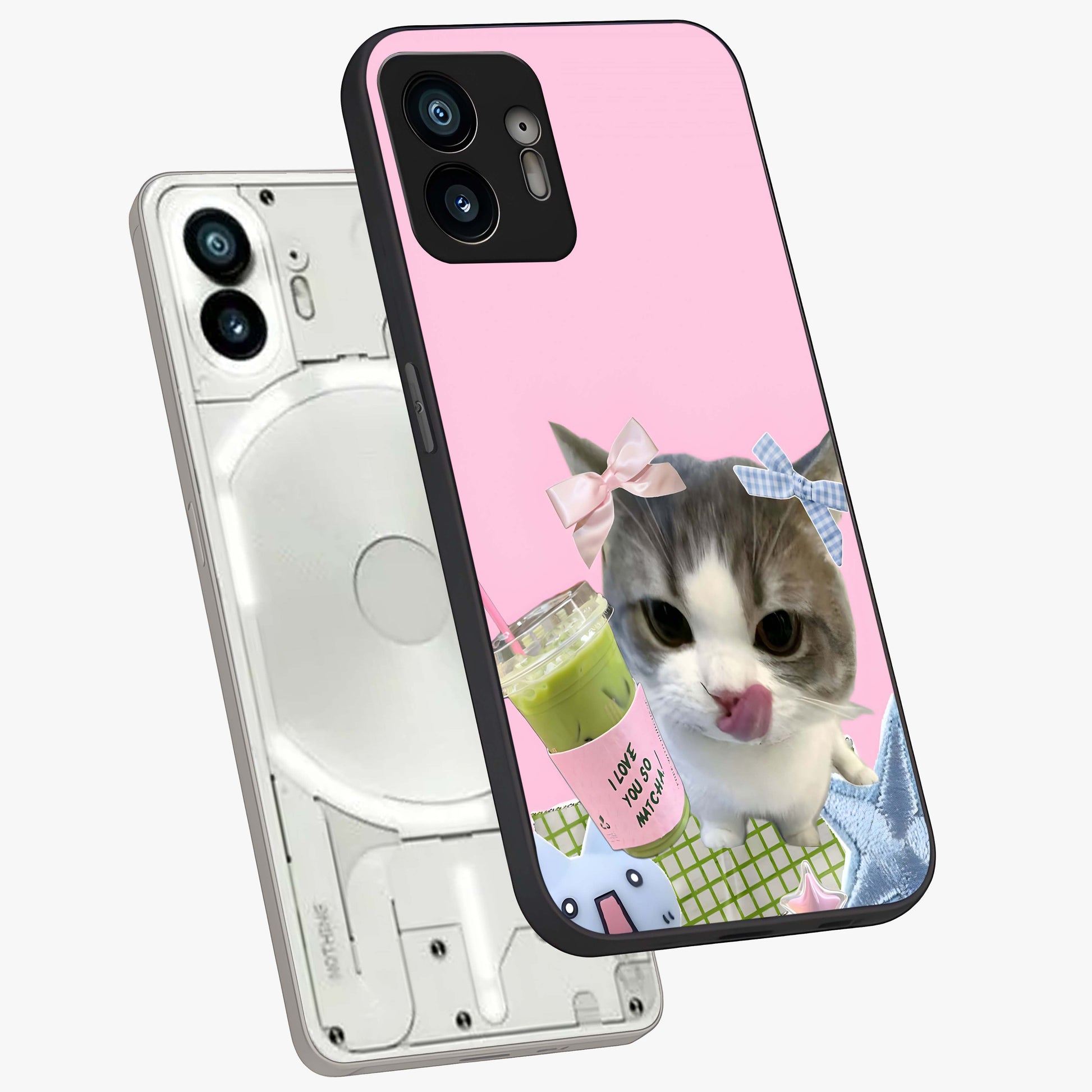 Love Matcha Cat Glass Case displayed in angled mockup highlighting playful feline illustration with cozy matcha aesthetic.