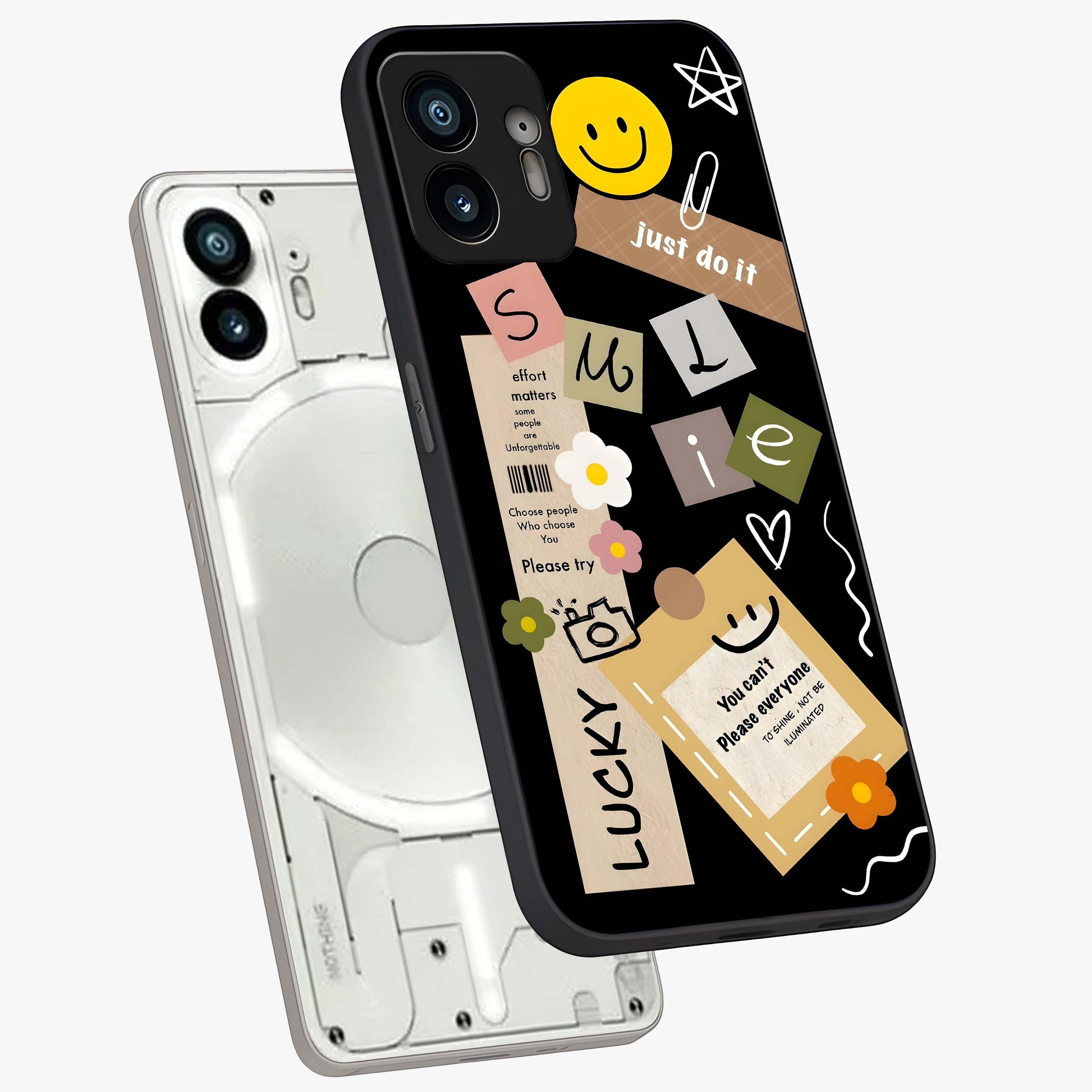 Lucky Aesthetic Collage Glass Case displayed in angled mockup highlighting stylish collage pattern with modern aesthetic vibe.