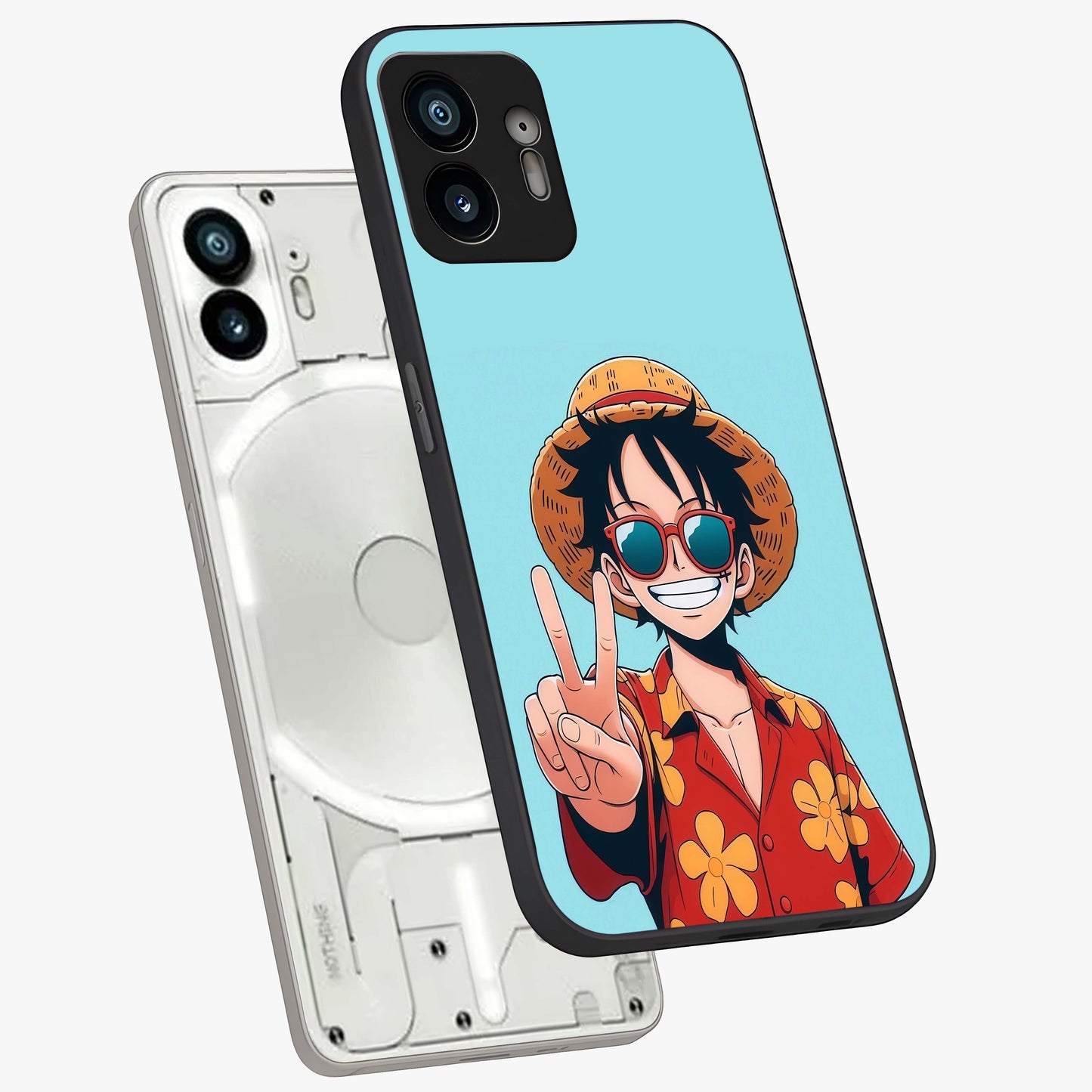 Luffy Summer Anime Vibe Glass Case displayed in angled mockup highlighting energetic anime illustration with summer vibe aesthetic.