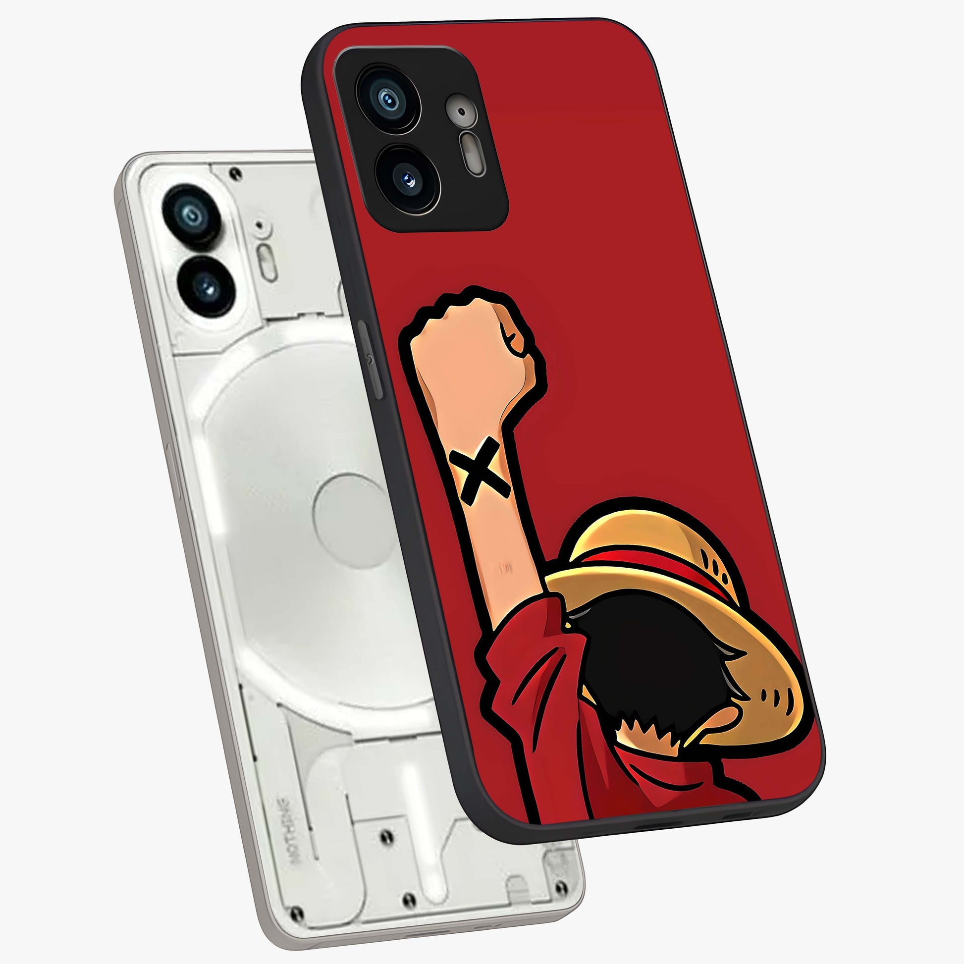 Luffy X Spirit Glass Case displayed in angled mockup highlighting powerful anime design with energetic action aesthetic.
