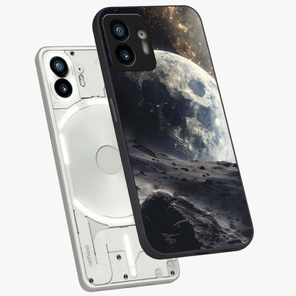 Lunar Horizon Glow Glass Case displayed in angled mockup highlighting celestial moon design with dreamy night aesthetic.