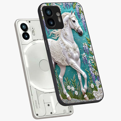 Majestic Floral Stallion Glass Case displayed in angled mockup highlighting majestic stallion illustration with elegant floral aesthetic.