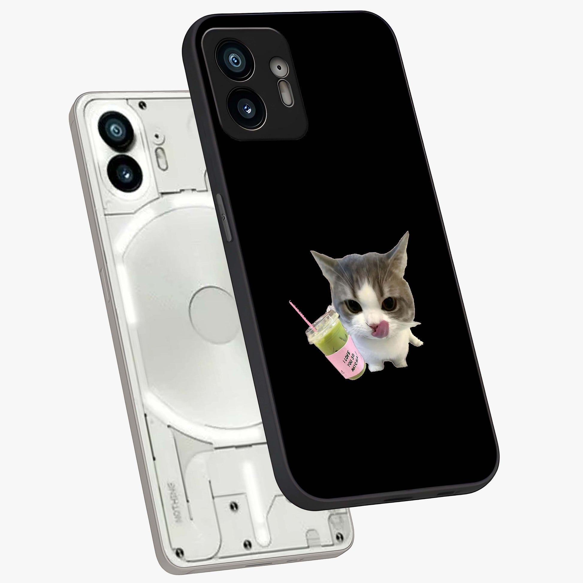 Matcha Cat Style Glass Case displayed in angled mockup highlighting playful feline design with pastel matcha aesthetic.