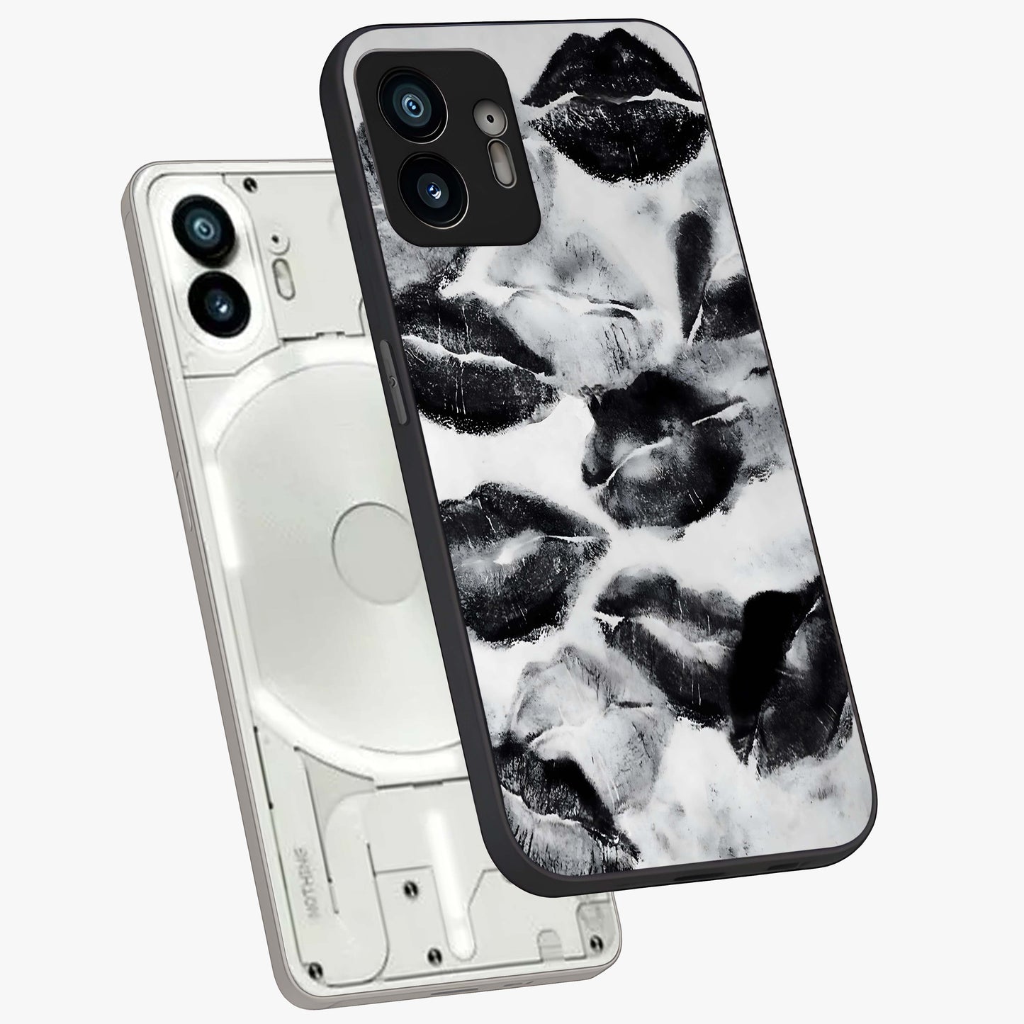 Midnight Kiss Marks Glass Case displayed in angled mockup highlighting playful romantic design with bold midnight aesthetic.