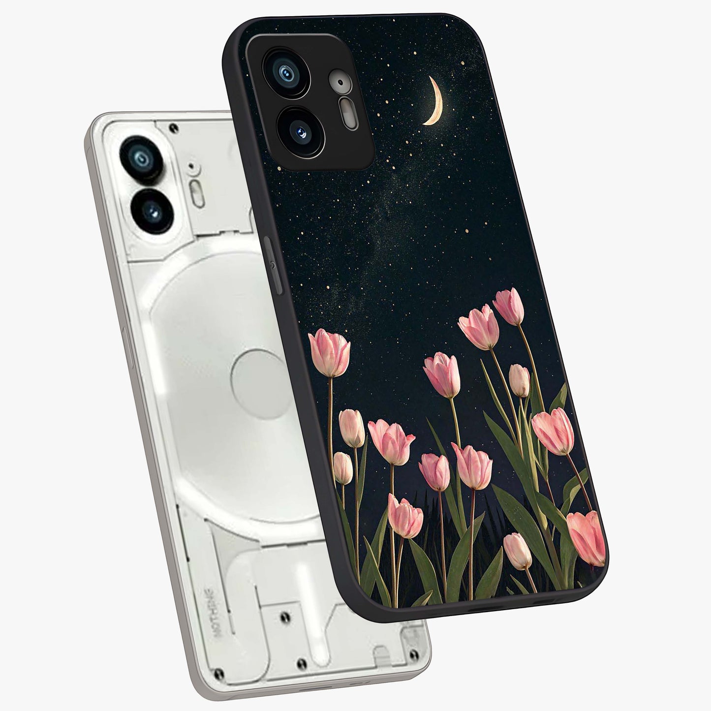 Midnight Tulip Whispers Vibe Glass Case displayed in angled mockup highlighting delicate tulip design with midnight floral aesthetic.