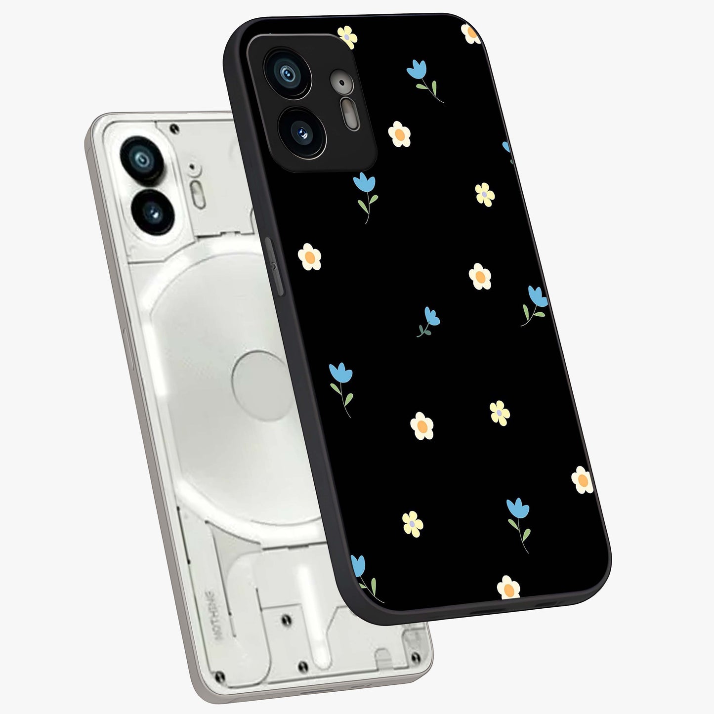 Minimal Petal Whispers Glass Case displayed in angled mockup highlighting delicate petal design with clean minimal aesthetic.