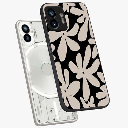 Monochrome Petal Dance Glass Case displayed in angled mockup highlighting elegant petal design with black and white aesthetic.