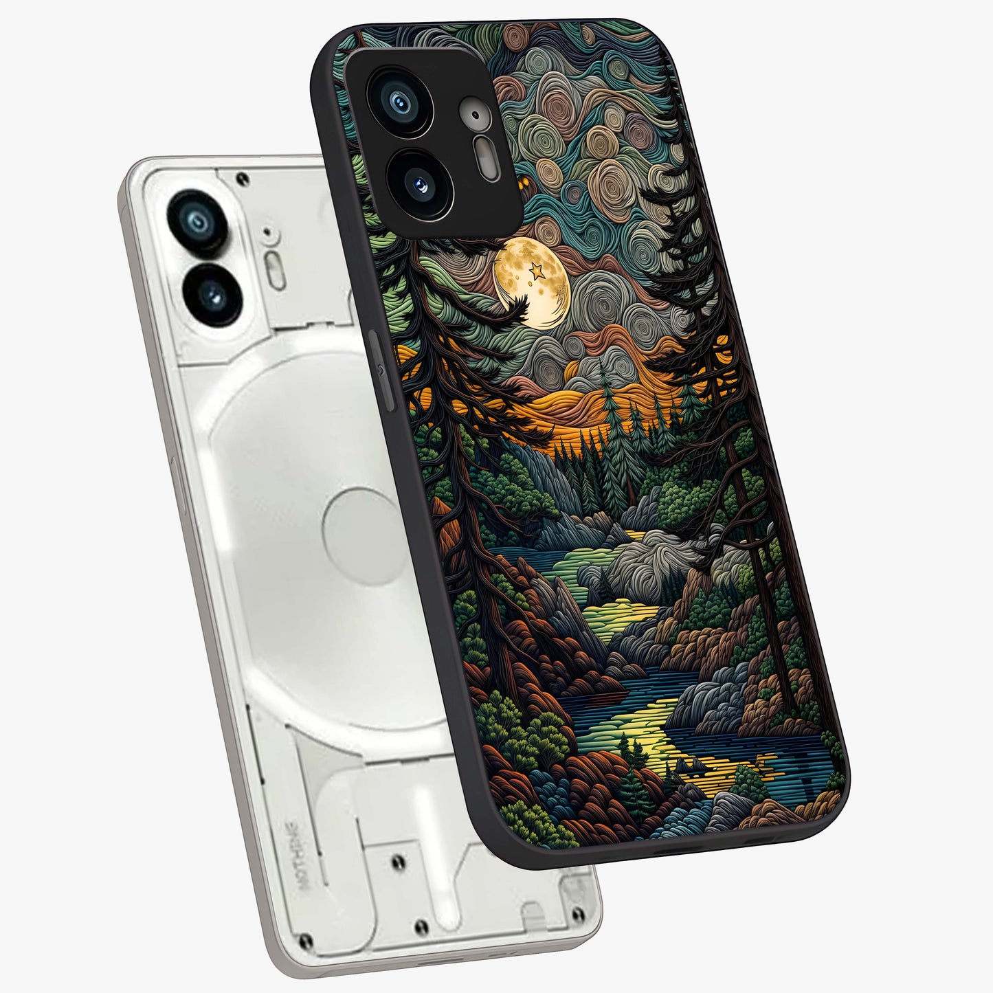 Moonlight Forest Dream Glass Case displayed in angled mockup highlighting dreamy forest design with glowing moon aesthetic.