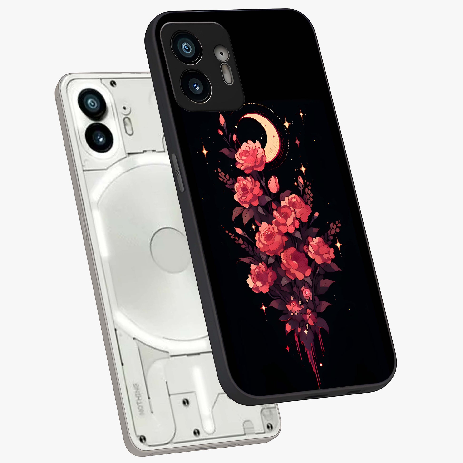 Moonlit Floral Elegance Glass Case displayed in angled mockup highlighting graceful flower design with soft moonlight aesthetic.