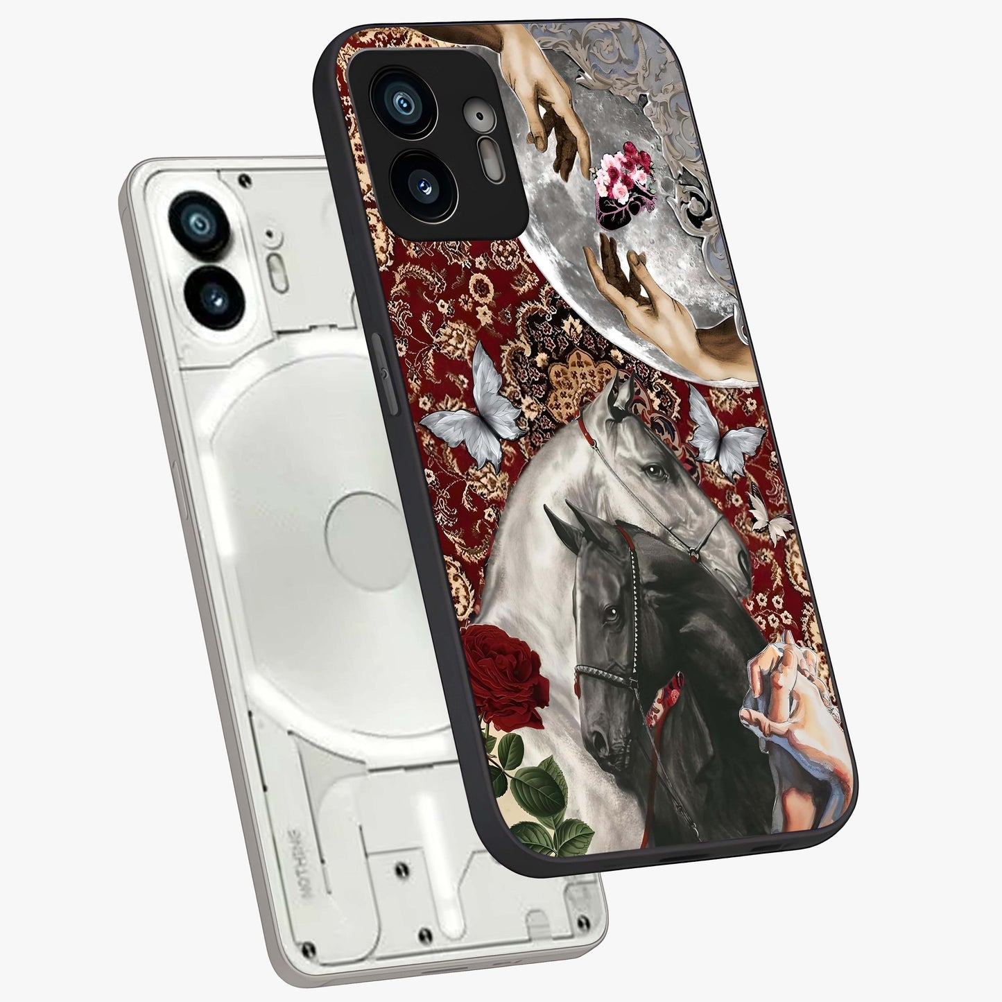 Moonlit Royal Stallion Glass Case displayed in angled mockup highlighting powerful stallion illustration with royal night aesthetic.
