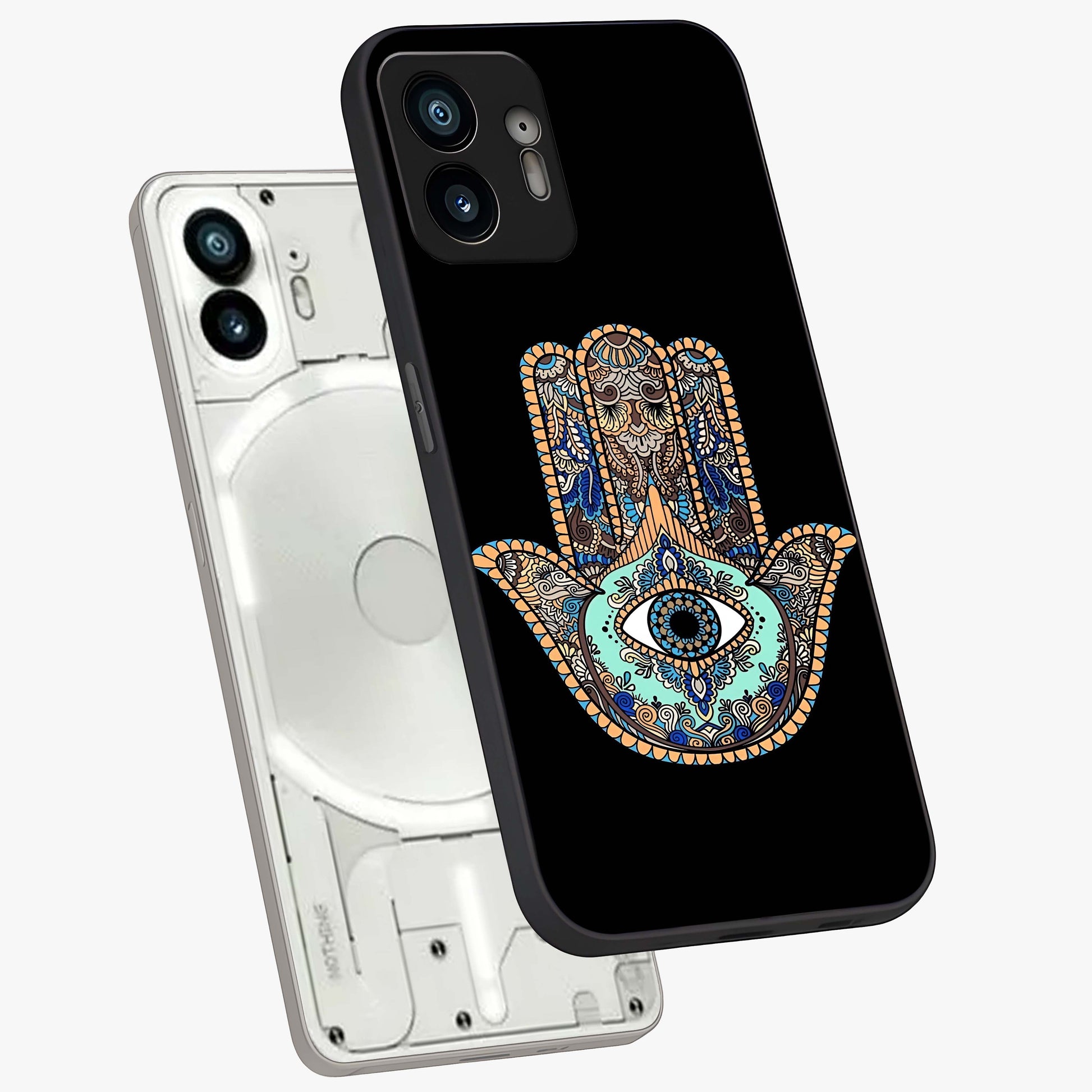 Mystic Hamsa Eye Glass Case displayed in angled mockup highlighting spiritual hamsa symbol with mystical aesthetic style.