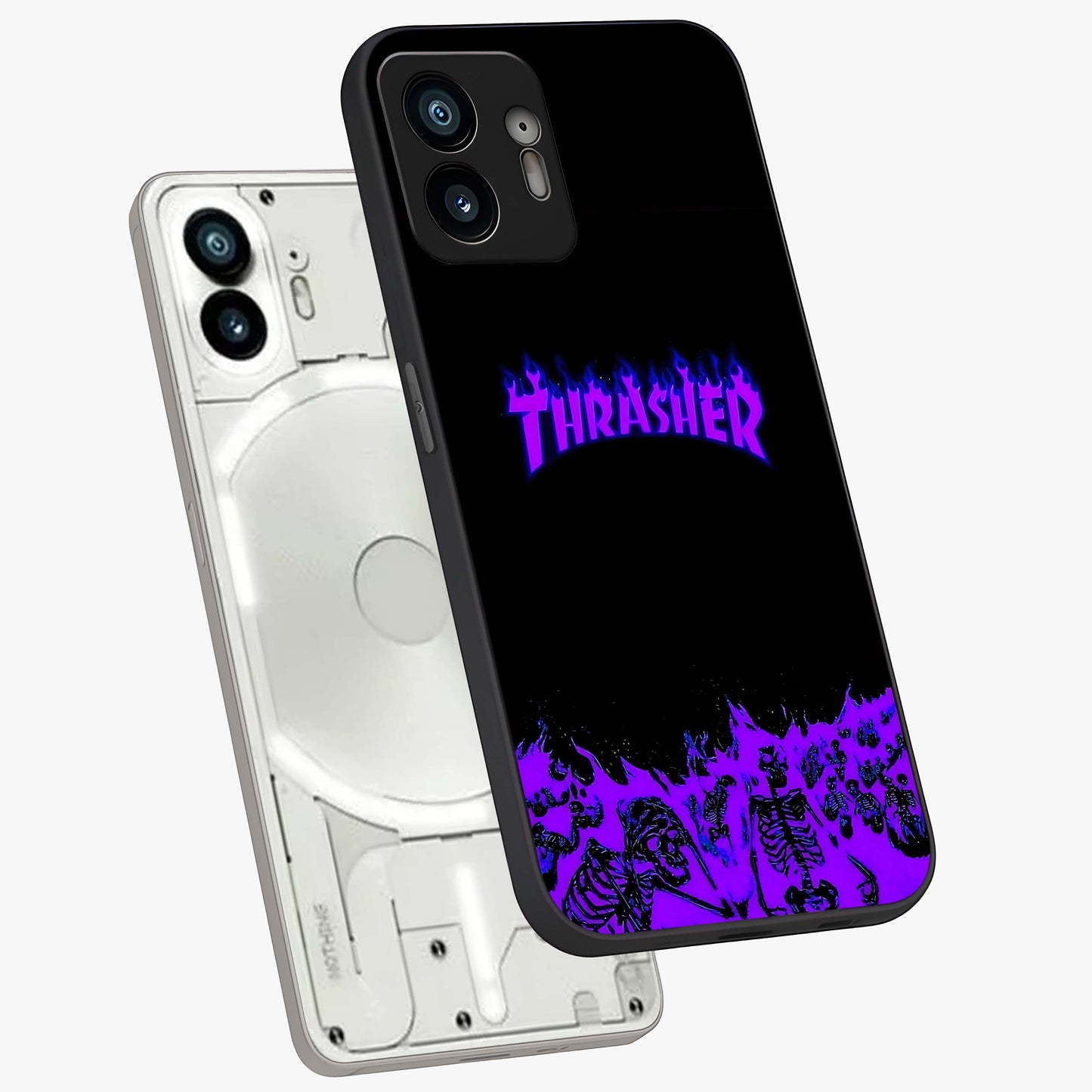 Neon Flame Riot Glass Case displayed in angled mockup highlighting glowing flame design with vibrant neon aesthetic.
