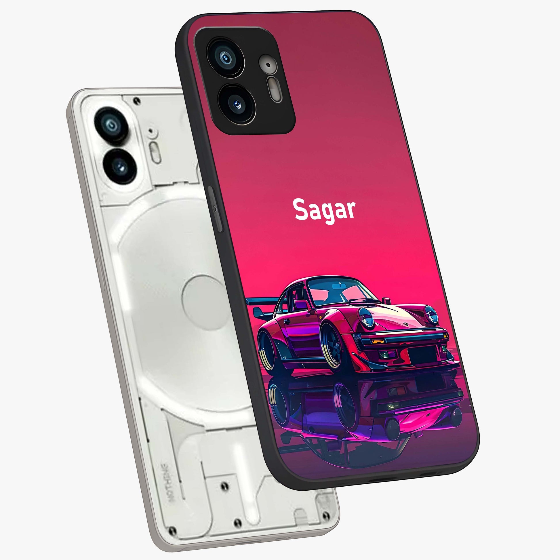 Neon Pink Porsche Glass Case displayed in angled mockup highlighting sleek neon pink car design with racing aesthetic.