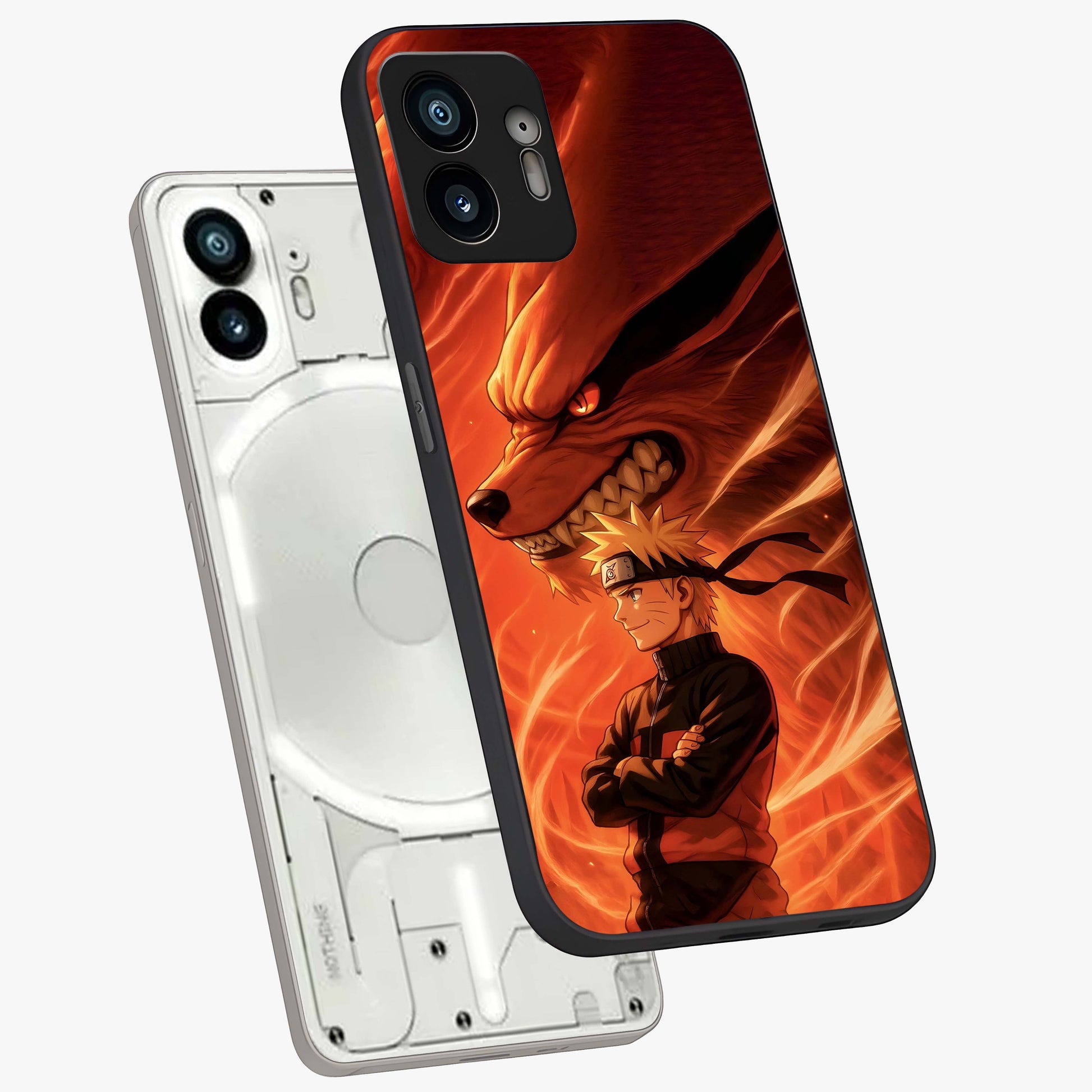 Nine Tails Legacy Glass Case displayed in angled mockup highlighting dynamic anime beast illustration with bold mystical aesthetic.