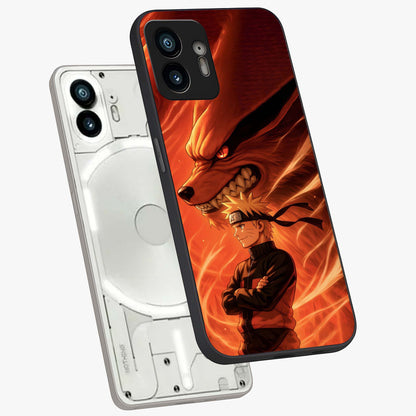 Nine Tails Legacy Glass Case displayed in angled mockup highlighting dynamic anime beast illustration with bold mystical aesthetic.