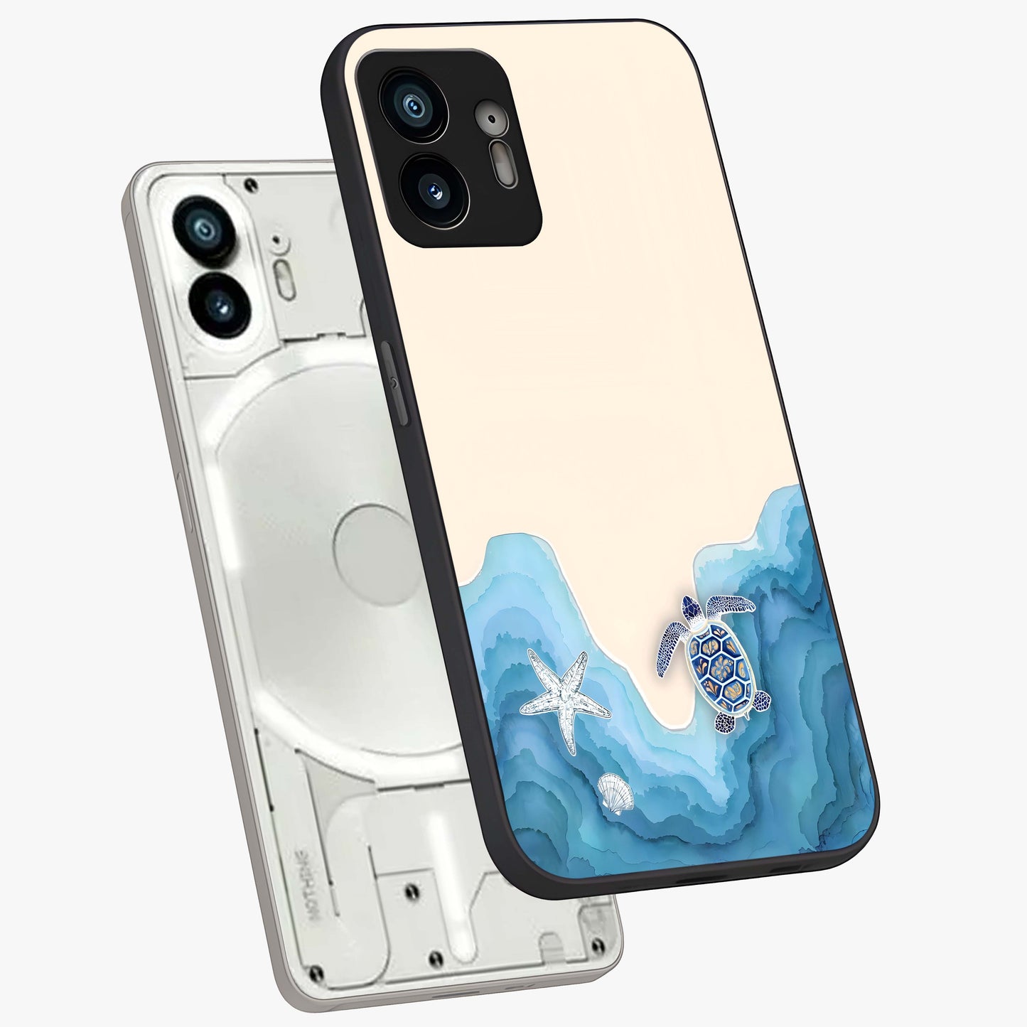 Ocean Drift Turtle Glass Case displayed in angled mockup highlighting peaceful ocean turtle illustration with marine aesthetic.