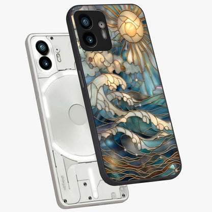 Oceanic Stained Printed Glass Case displayed in angled mockup highlighting colorful aquatic design with artistic aesthetic style.