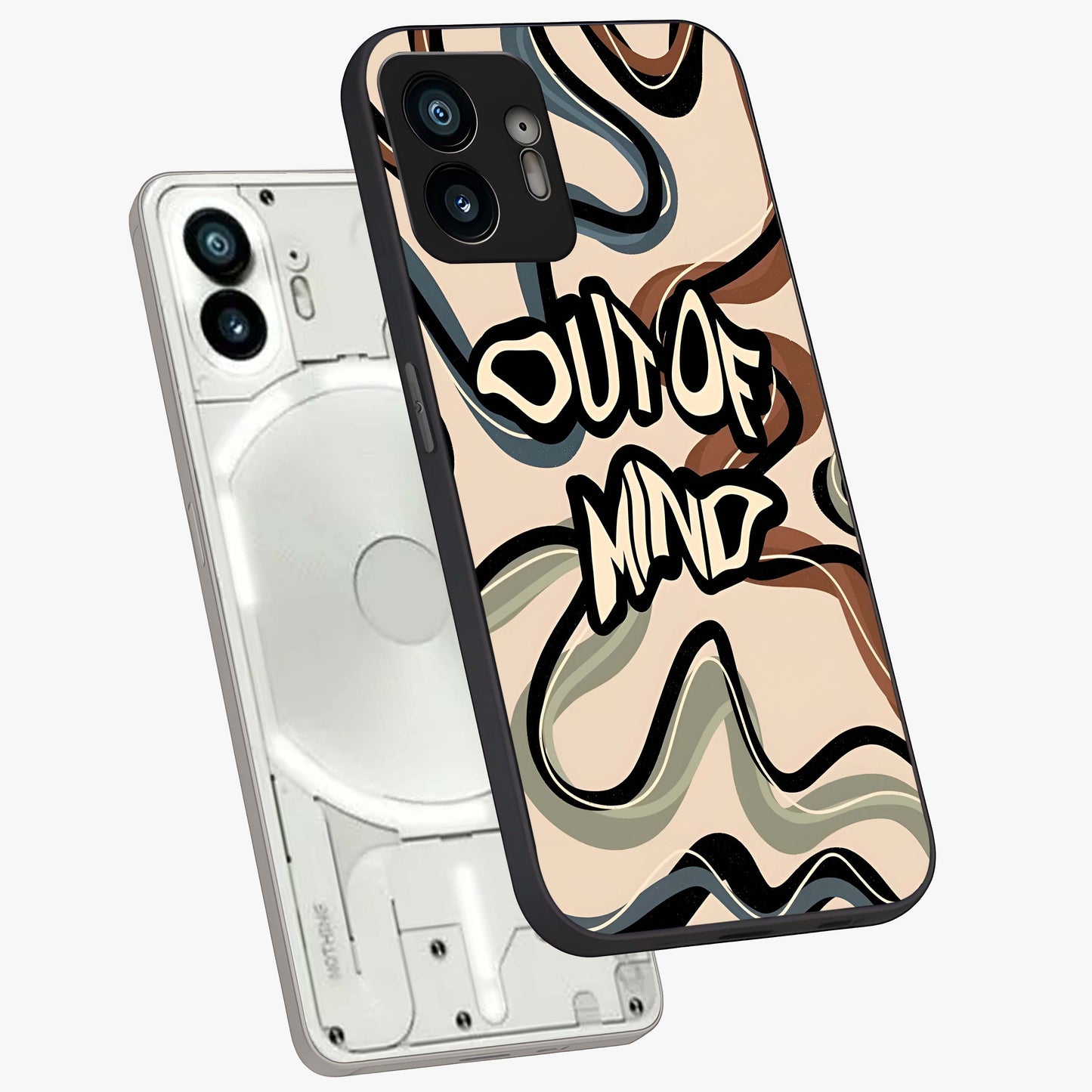Out Of Mind Glass Case displayed in angled mockup highlighting bold statement design with modern artistic aesthetic.