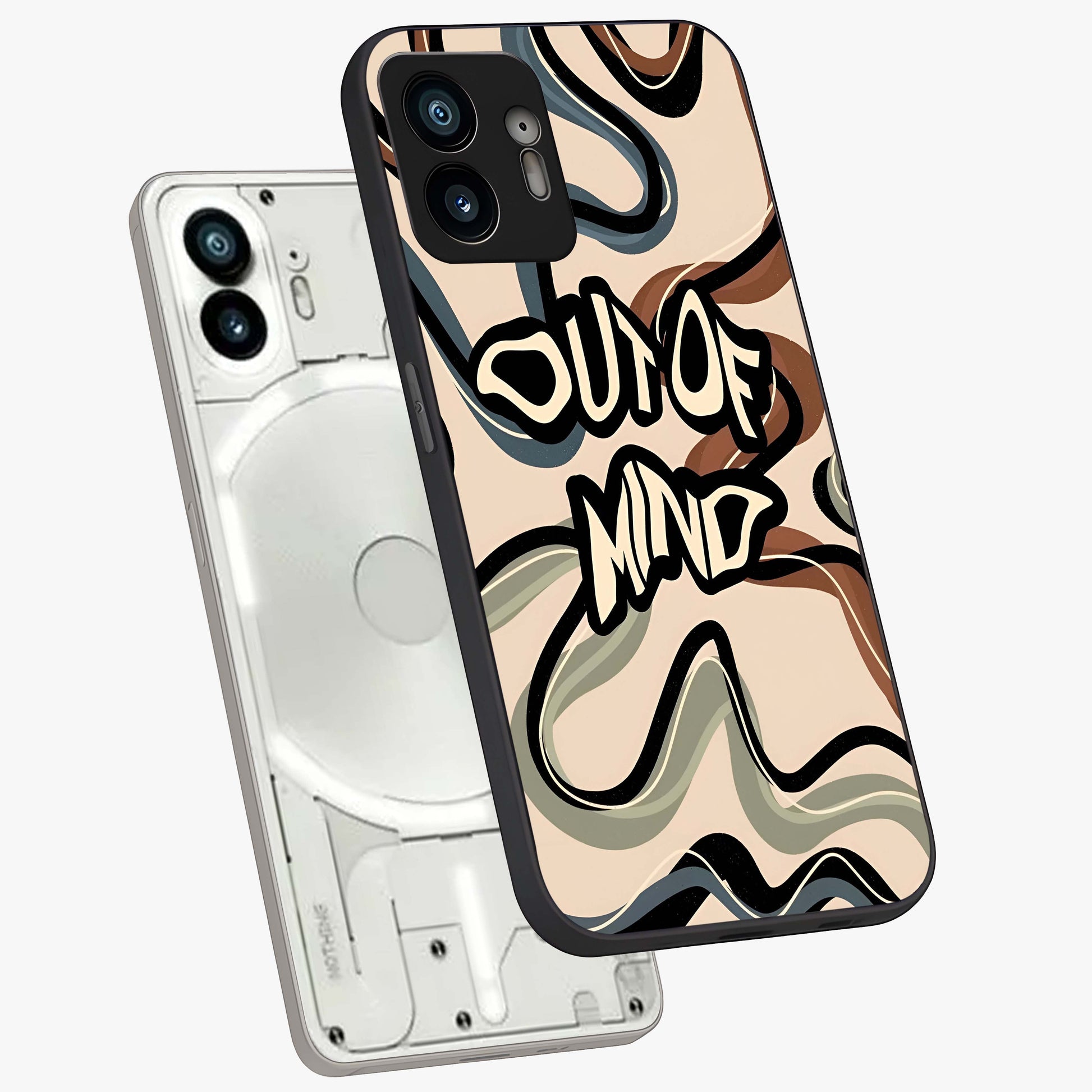 Out Of Mind Glass Case displayed in angled mockup highlighting bold statement design with modern artistic aesthetic.