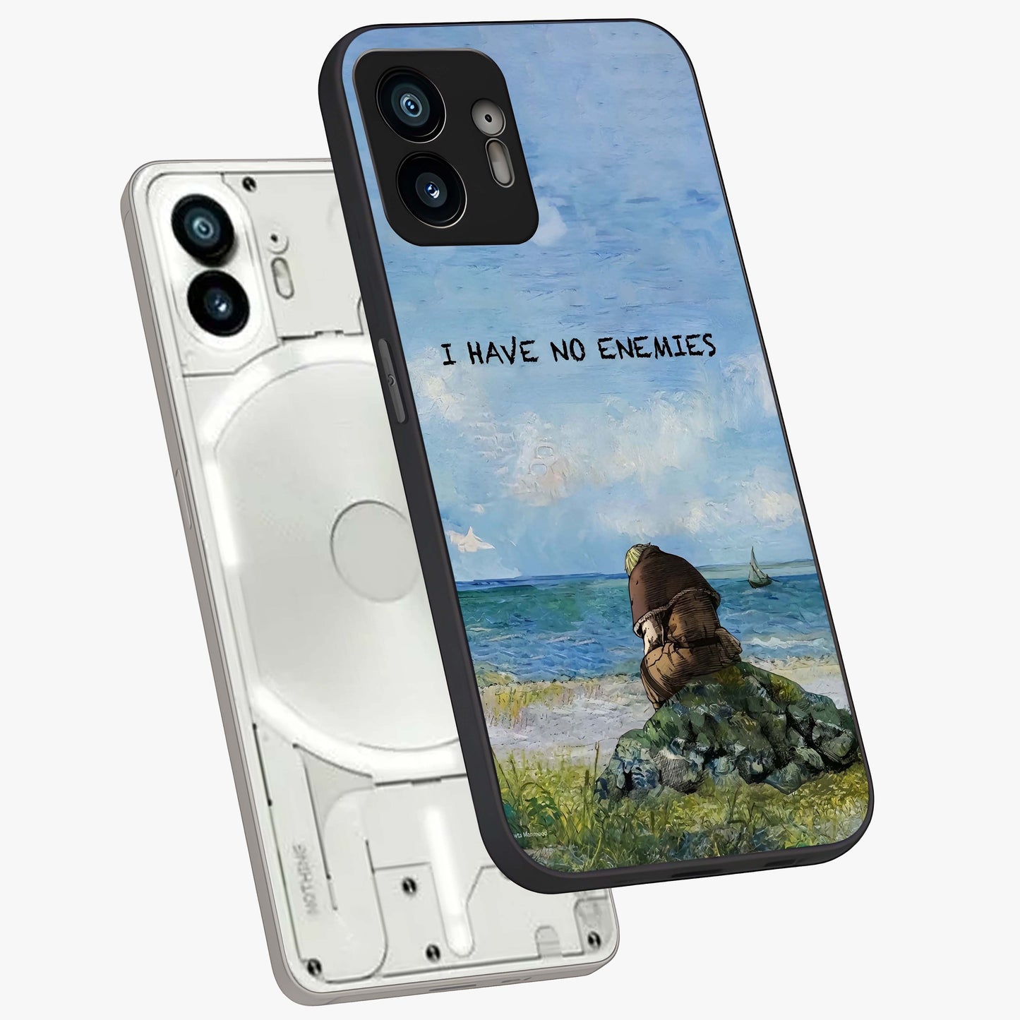 Peace Beyond War Glass Case displayed in angled mockup highlighting meaningful message design with artistic aesthetic style.