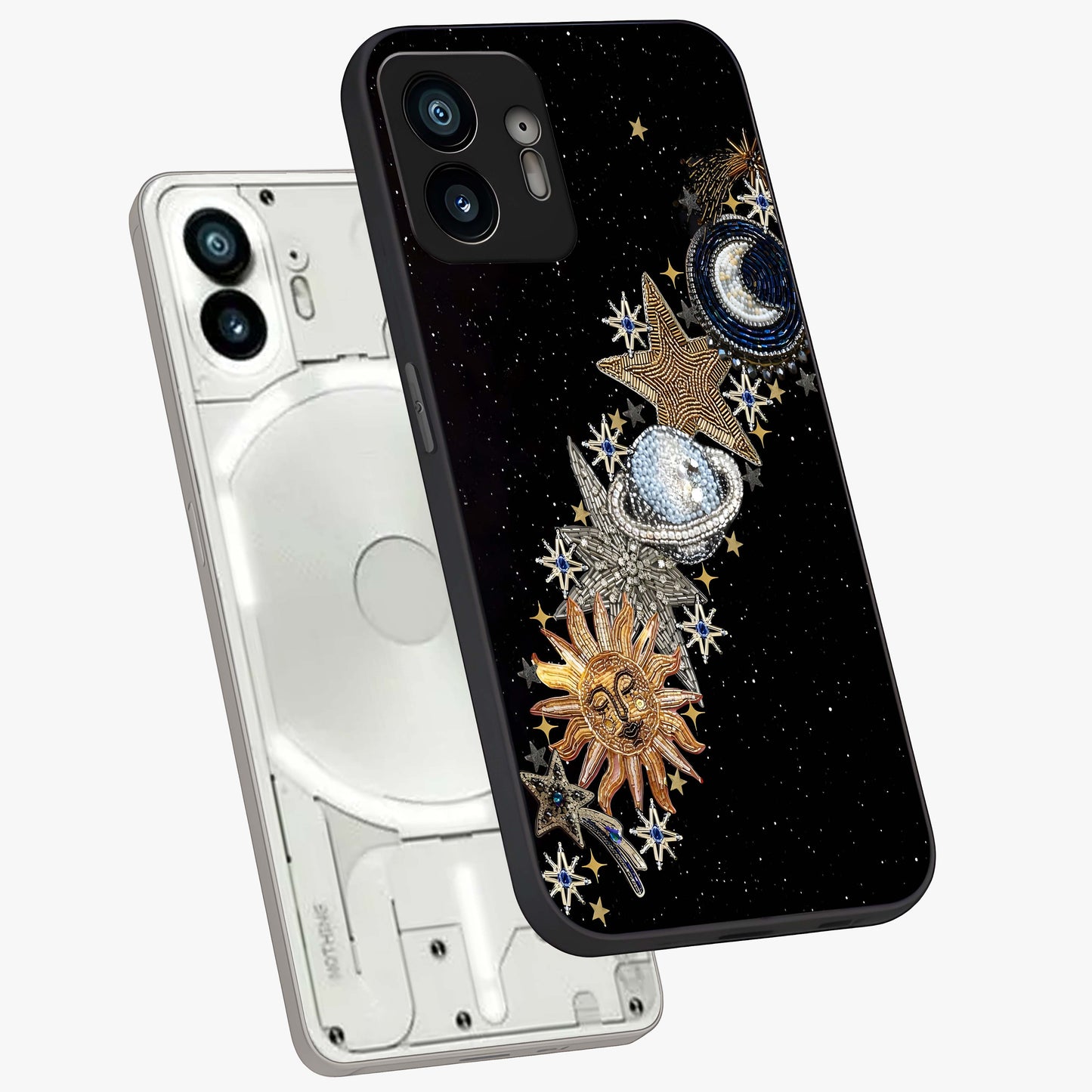 Pearls Universe Object Glass Case displayed in angled mockup highlighting celestial pearl design with dreamy aesthetic.