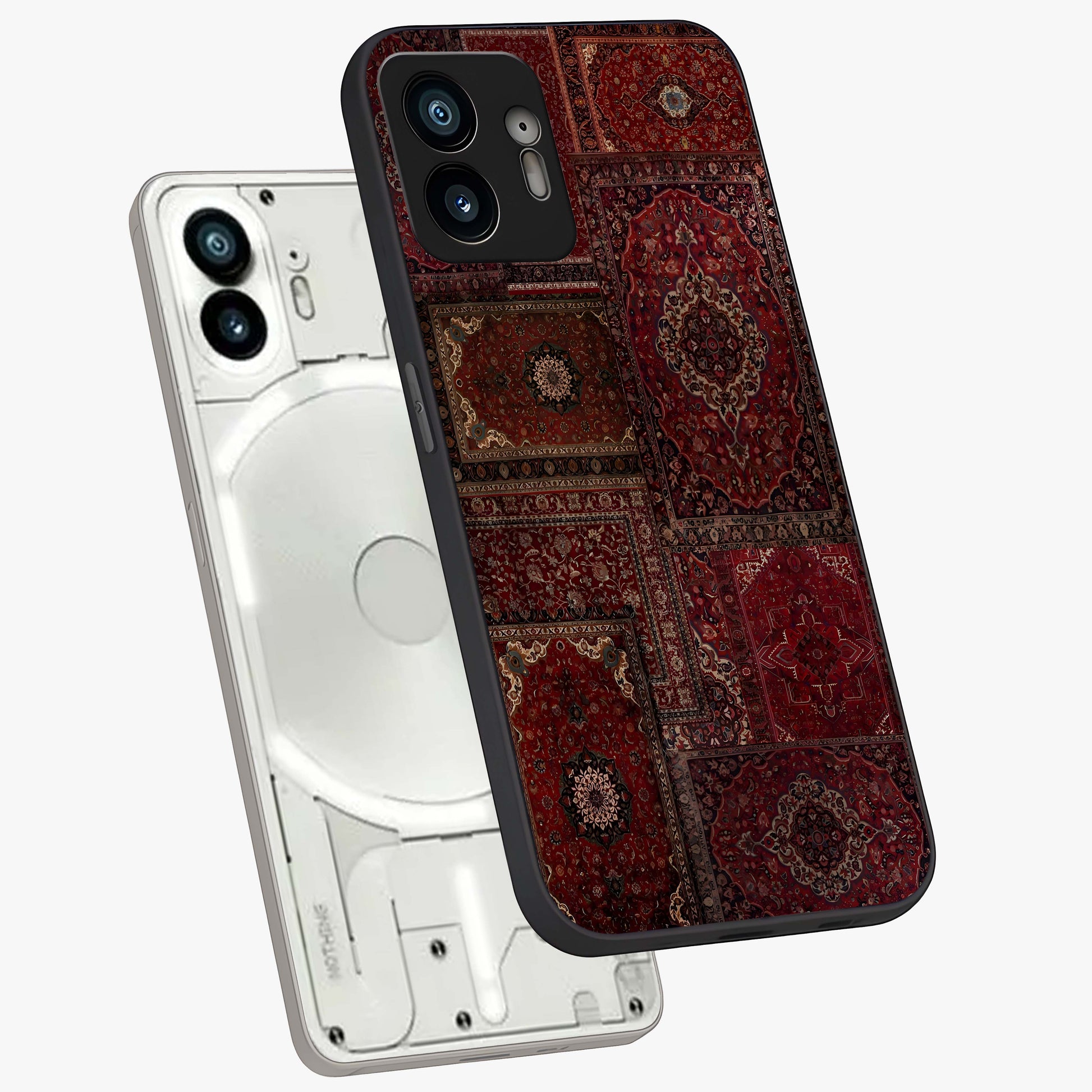 Persian Velvet Tale Glass Case displayed in angled mockup highlighting ornate textile inspired design with royal aesthetic.