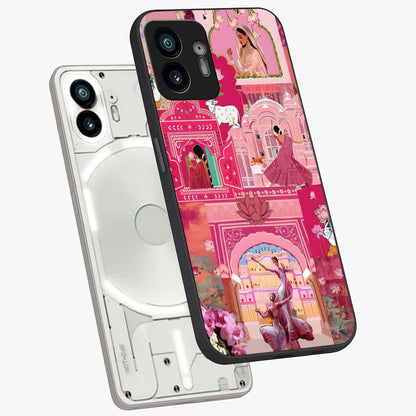 Pink Palace Muse Glass Case displayed in angled mockup highlighting dreamy palace illustration with soft pink aesthetic.