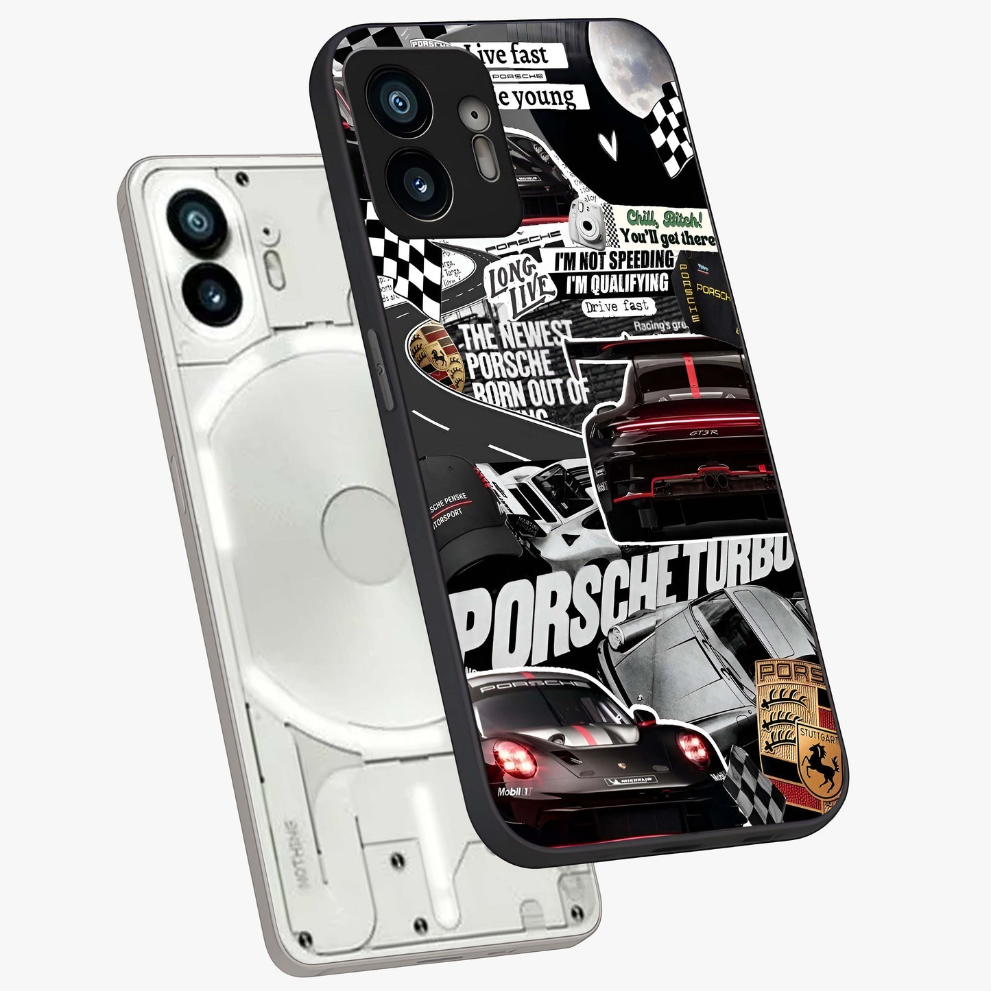 Porsche Racing Collage Glass Case displayed in angled mockup highlighting dynamic automotive design with bold racing aesthetic.