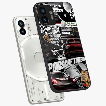 Porsche Racing Collage Glass Case displayed in angled mockup highlighting dynamic automotive design with bold racing aesthetic.